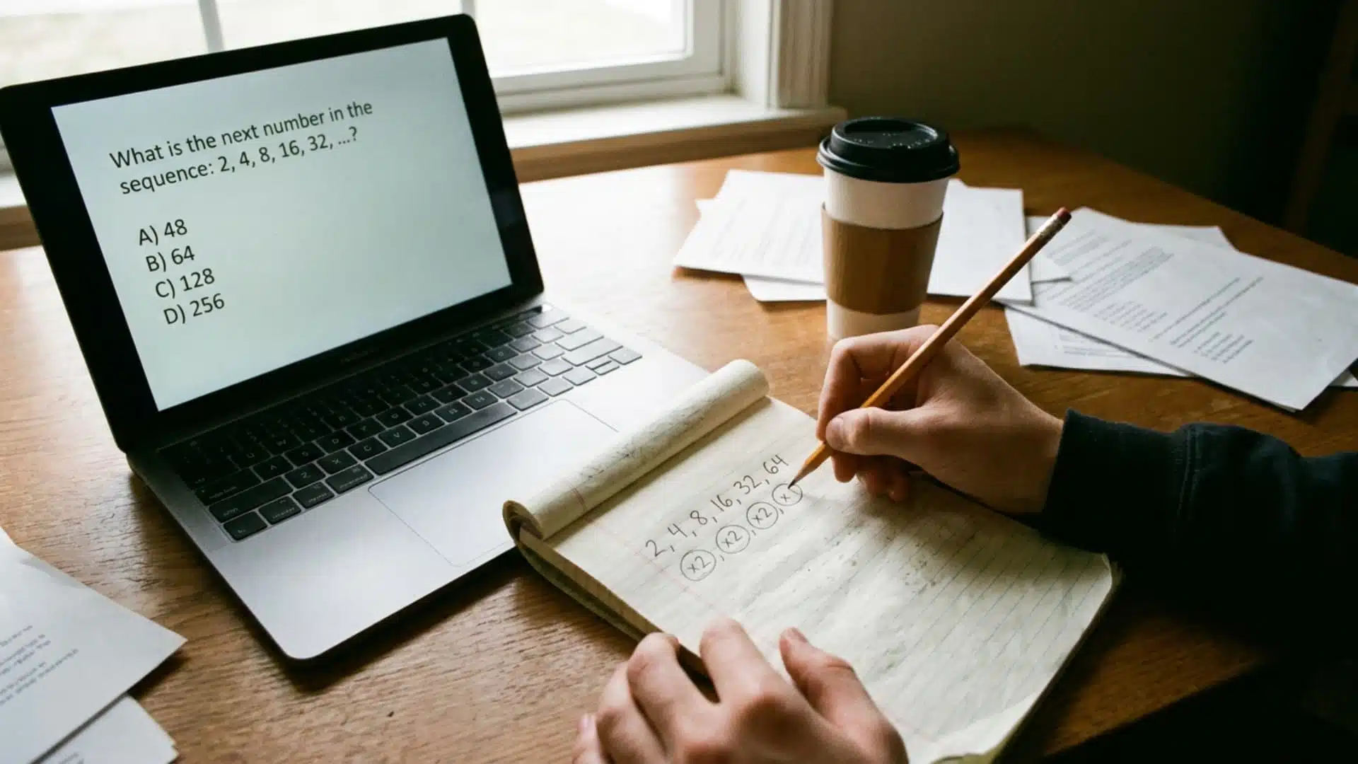 sample question displayed on a laptop as a student works through number sequences in a notebook