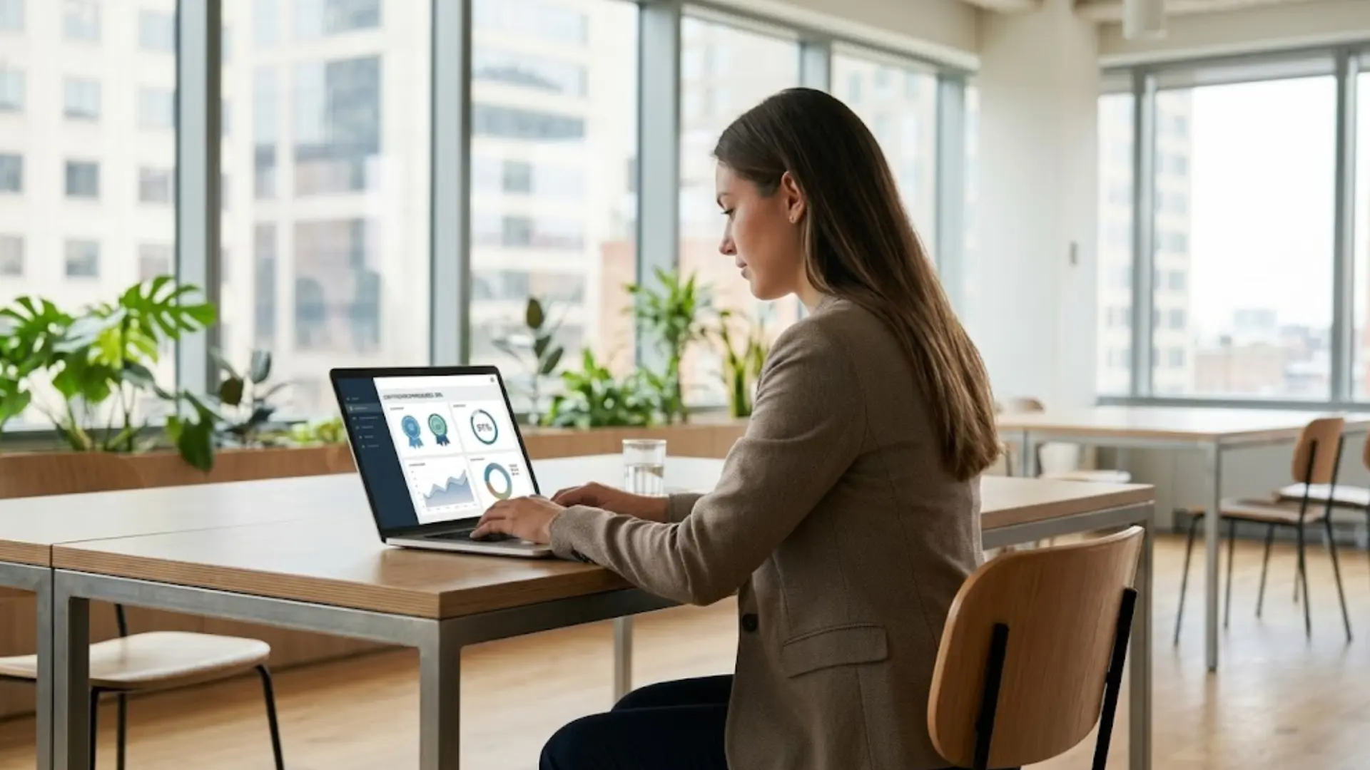 professional reviewing certification results on a laptop while working in a bright modern office
