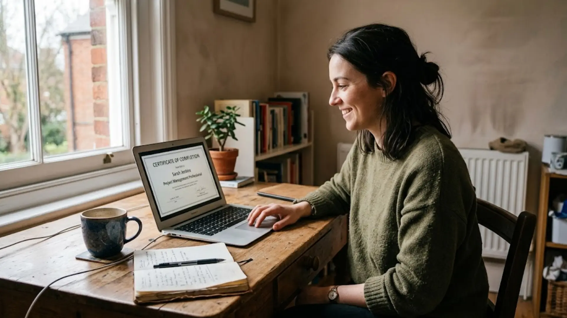 smiling woman viewing a certificate of completion on her laptop at a cozy home desk