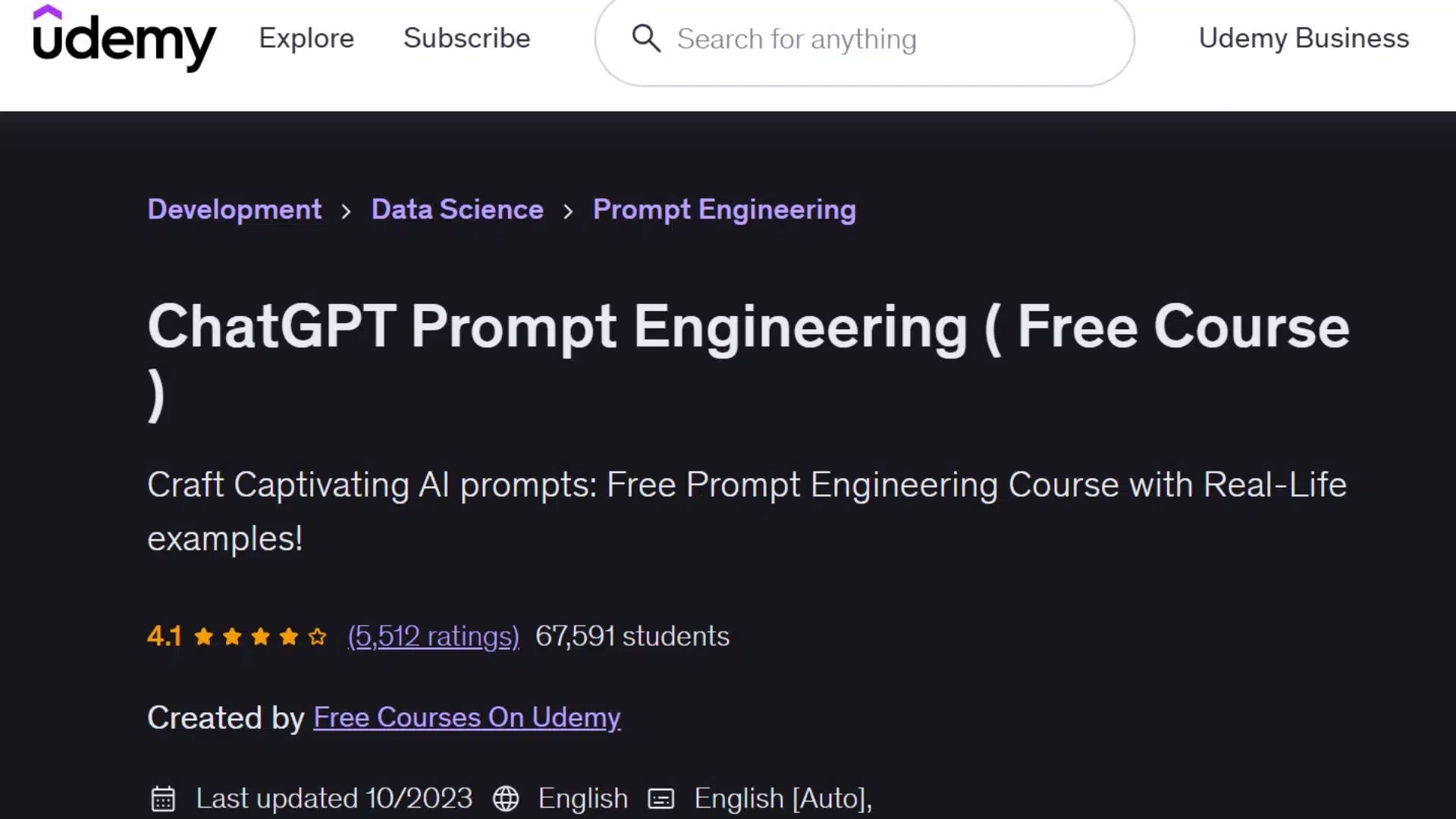 udemy prompt engineering course page with course title, creator details, ratings, and enrolled users