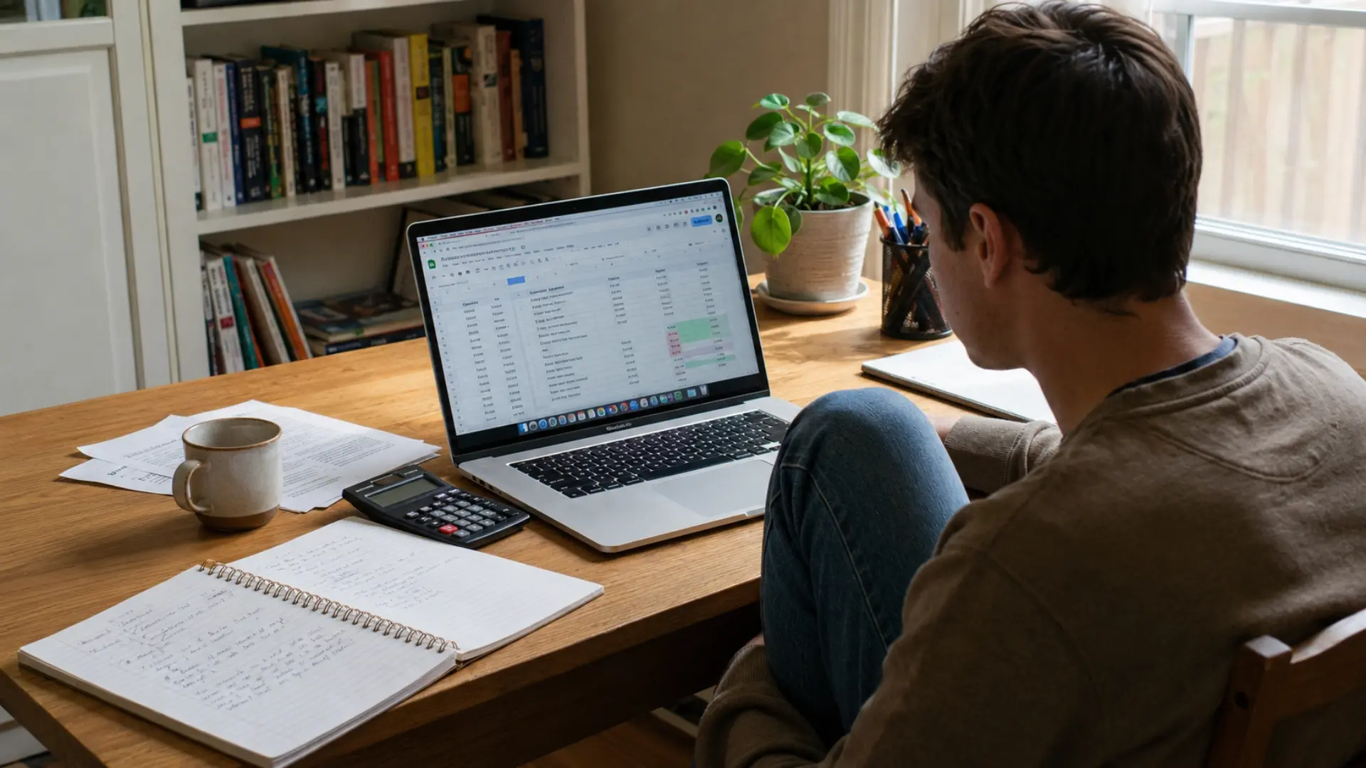 young professional working at a home desk with a laptop, notebook, calculator, coffee mug, and bookshelf