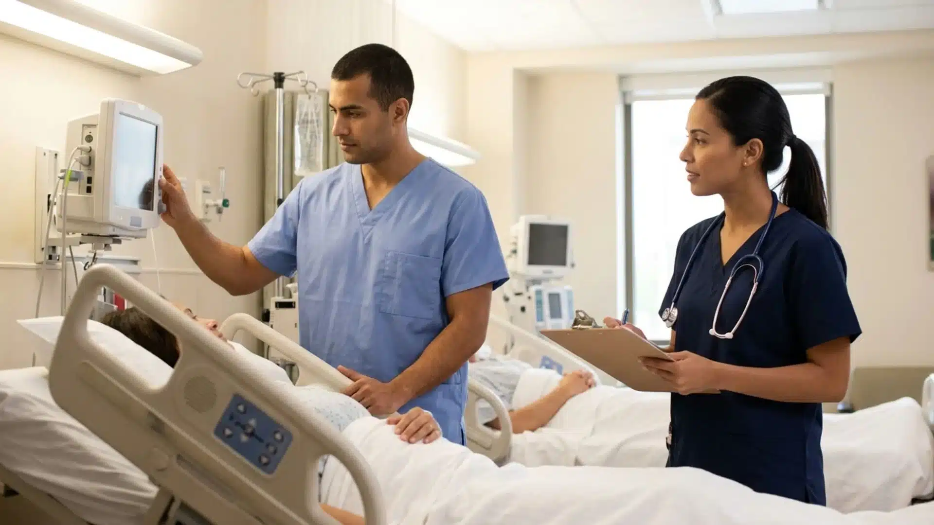 male and female medical professionals in scrubs attending to a patient in a hospital ward with monitoring equipment