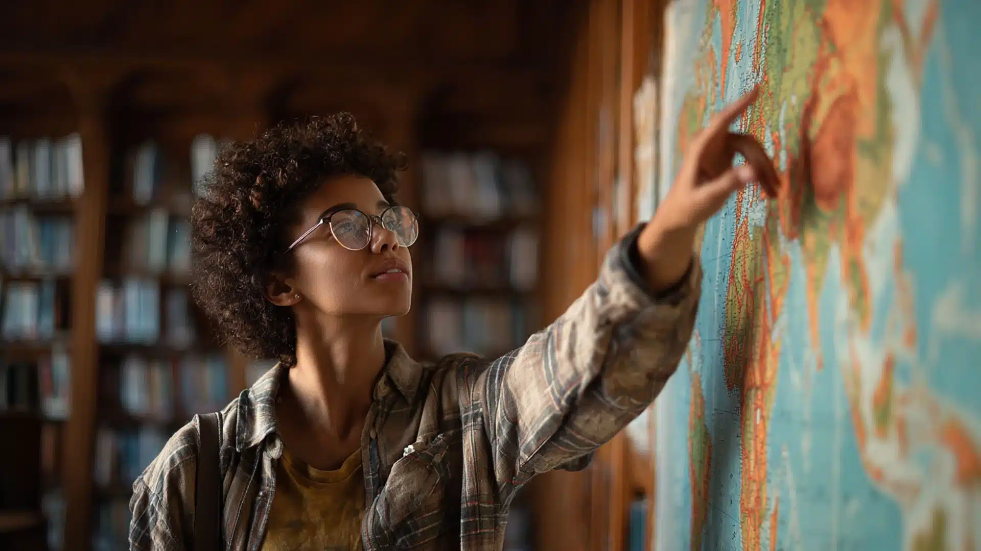 a student with glasses and curly hair points at a large physical world map mounted on a library wall