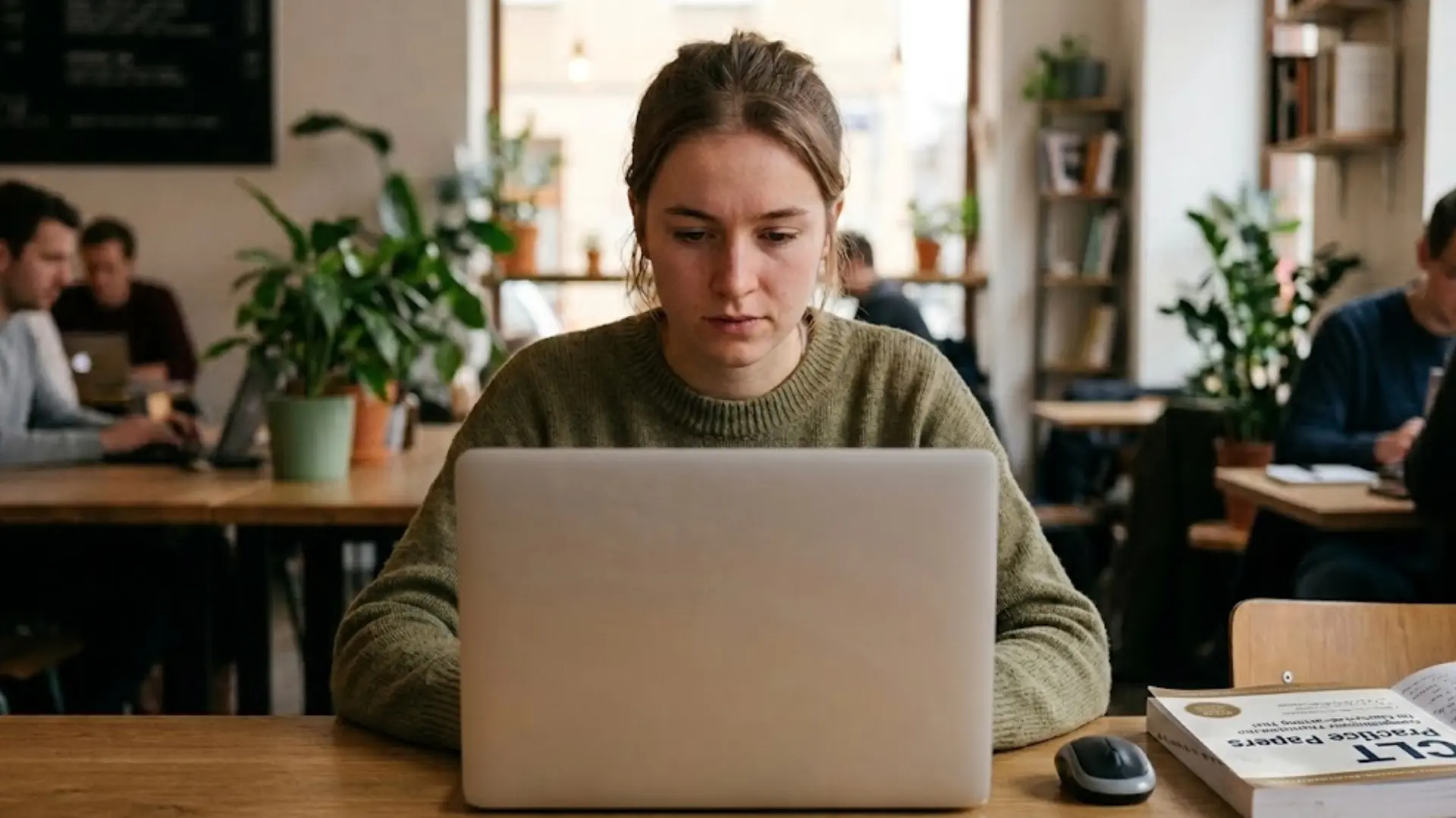 student taking a clt practice test on a laptop in a quiet study space with books nearby