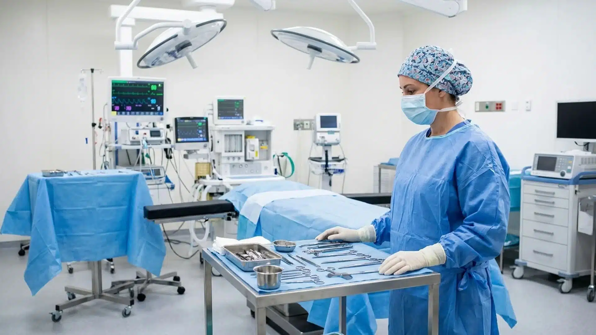 a scrubbed nurse in blue surgical gown arranging sterile instruments on a draped tray in an operating room