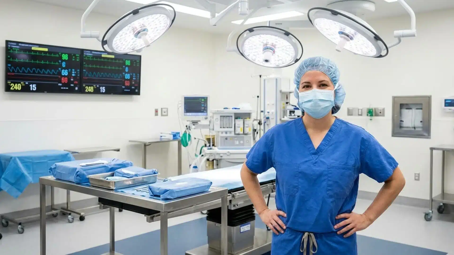 a perioperative nurse in blue scrubs and surgical mask standing confidently in a modern operating room