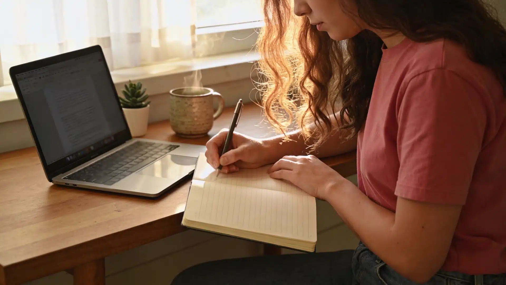 young woman writing in a notebook next to a laptop and steaming mug of coffee