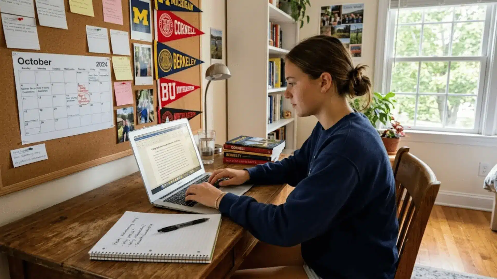 high school student writing college application personal statement on laptop at a wooden desk with notebook and college brochures