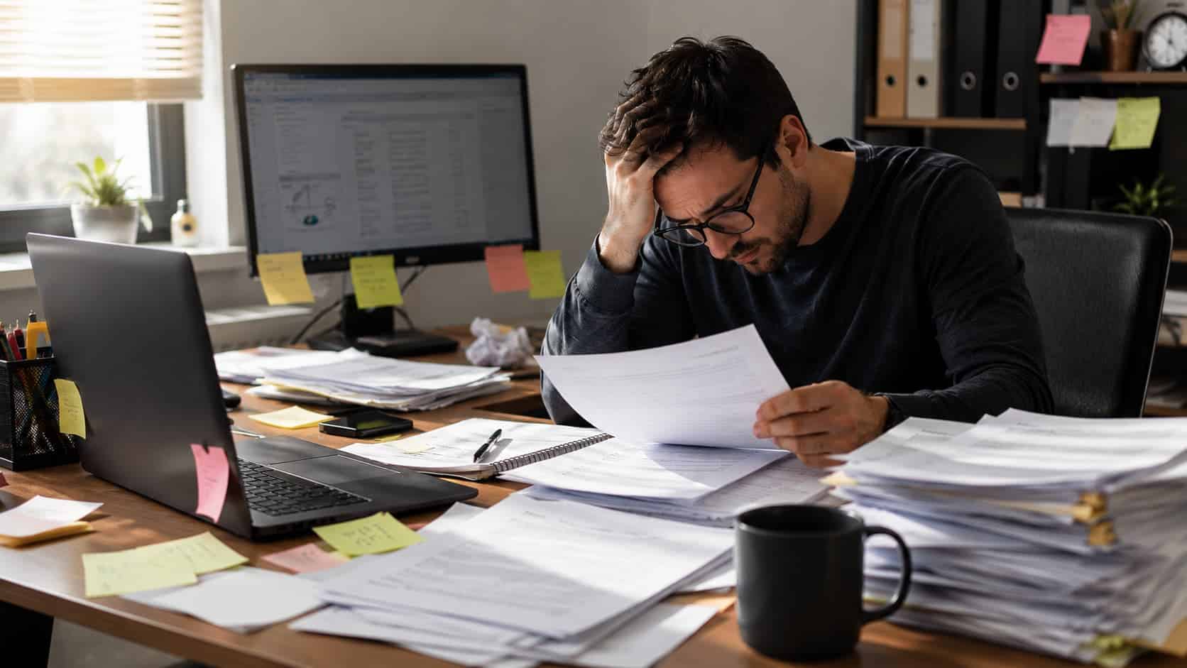 stressed man reviewing papers at a cluttered desk with laptop, monitor, notes, and coffee mug