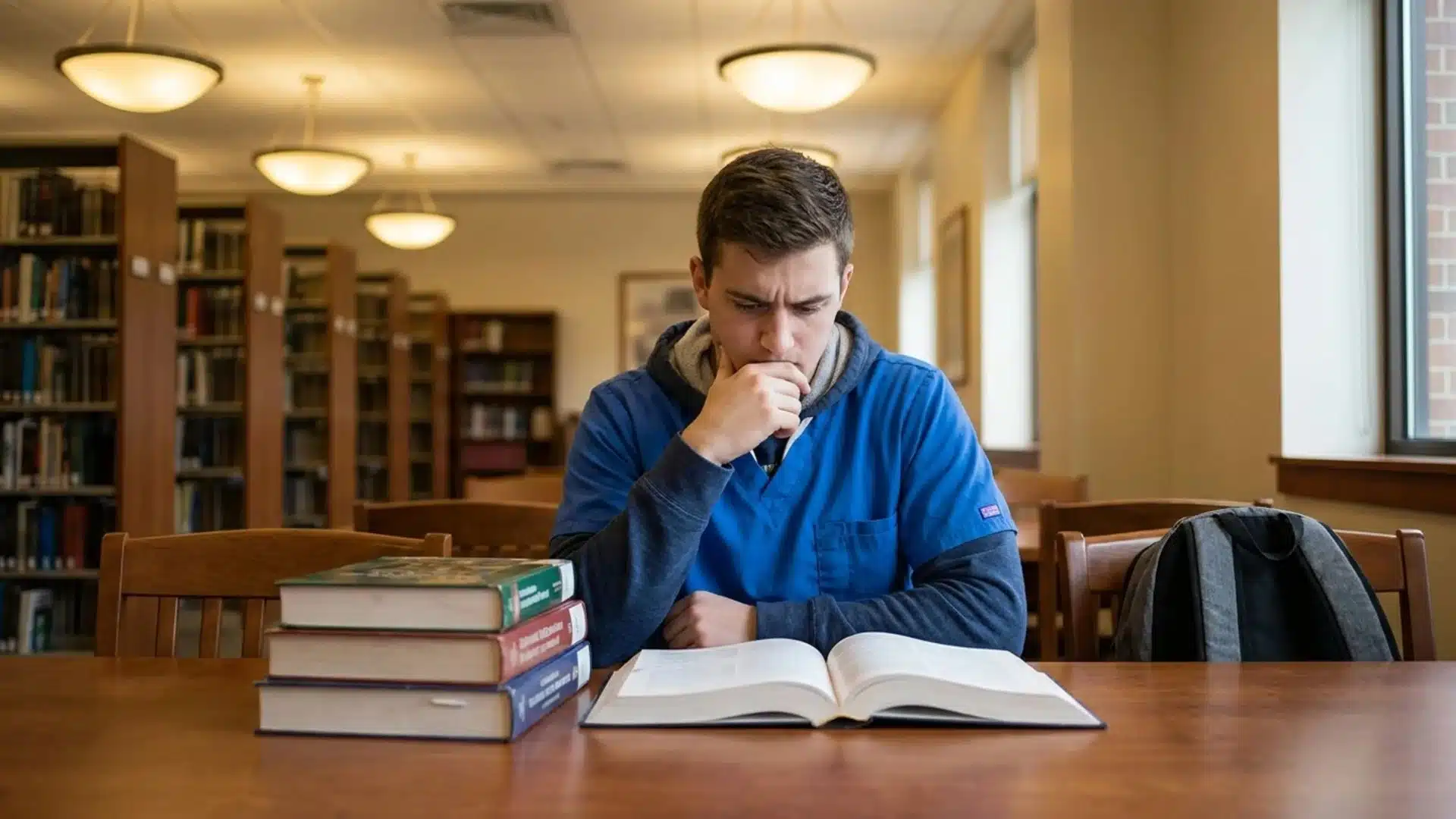 a nursing student sits in a library deep in thought, open textbook in front, stacked books beside him