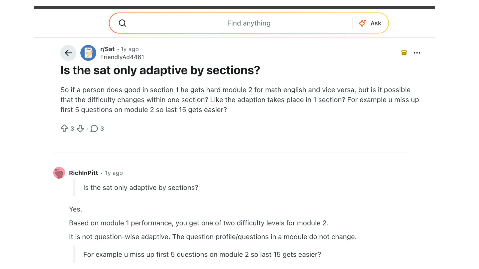 reddit discussion explaining how the digital sat adapts by module based on student performance