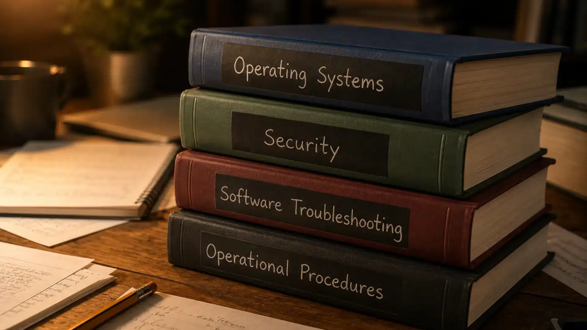four comptia a+ core 2 exam domain books on a wooden table representing operating systems security troubleshooting and operational procedures