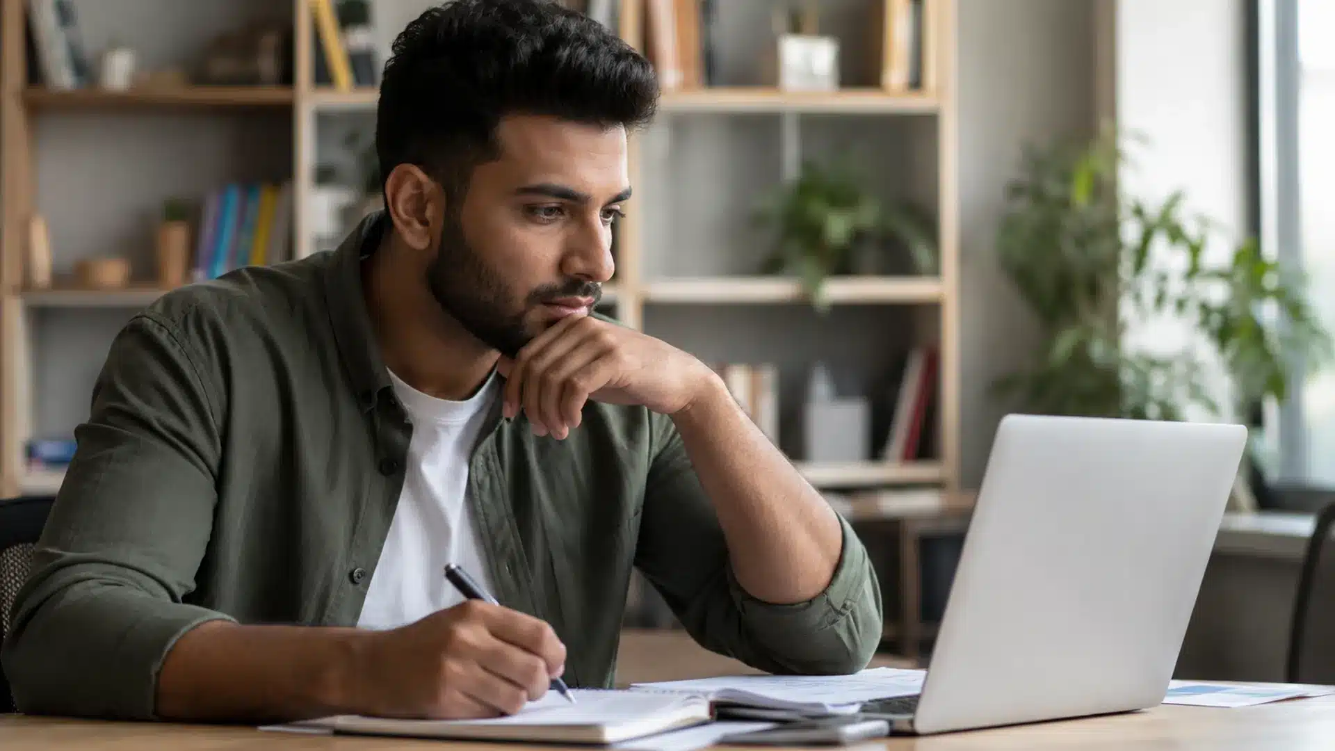 person studying for an it certification exam on a laptop with notebook in a bright home office