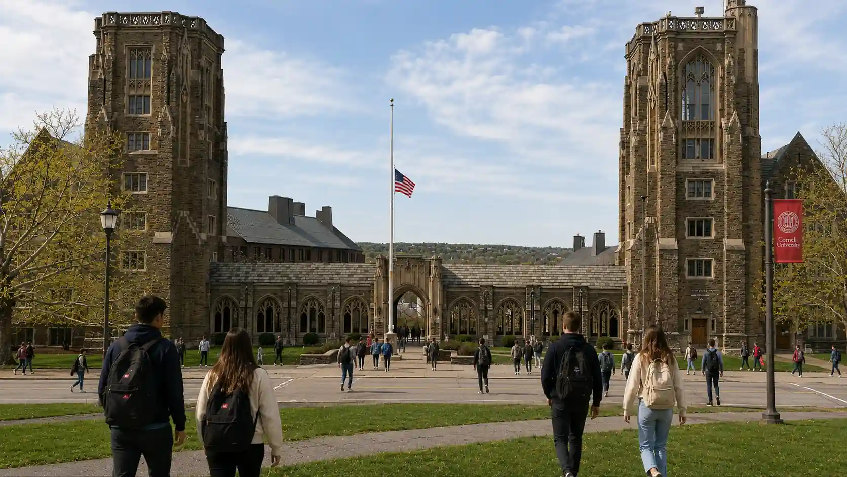 students walking across a university campus toward a gothic academic building on a bright spring afternoon