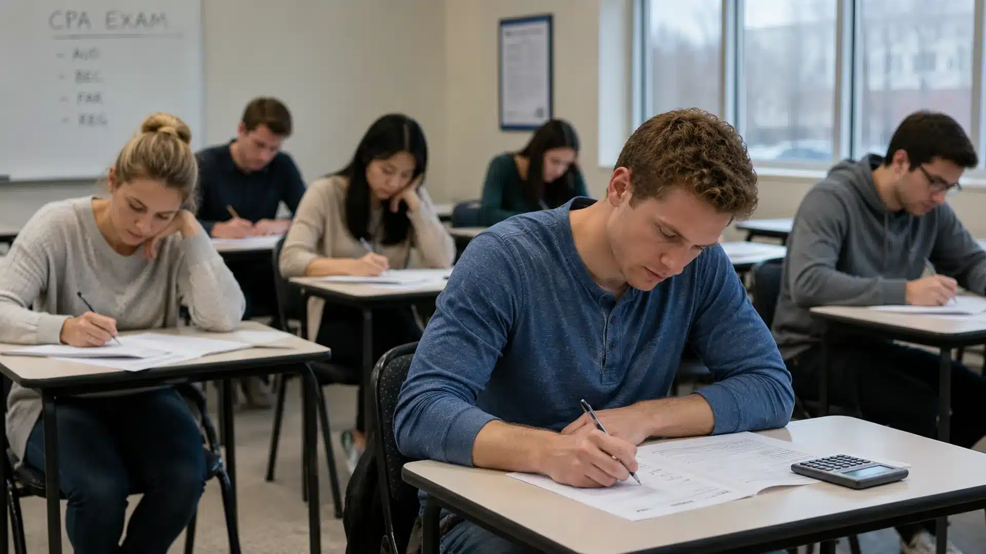 students taking a cpa exam in a classroom with focused writing, realistic setting, and natural lighting