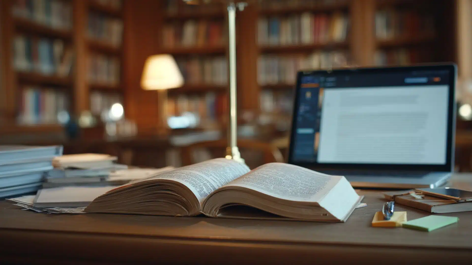 open book on a wooden desk with a laptop and desk lamp in a wood-paneled library
