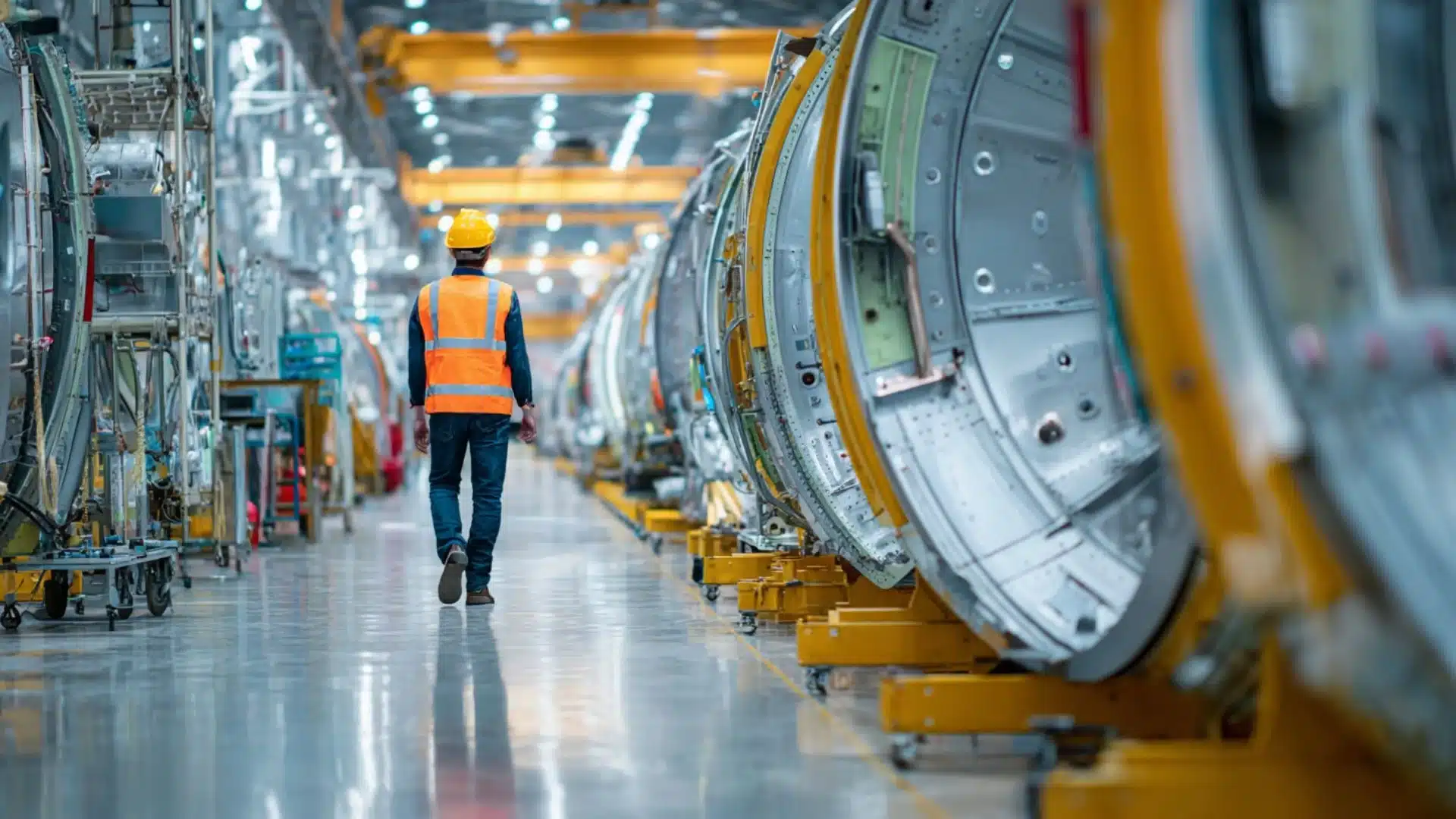 a quality engineer wearing an orange safety vest and hard hat walking through an aerospace facility