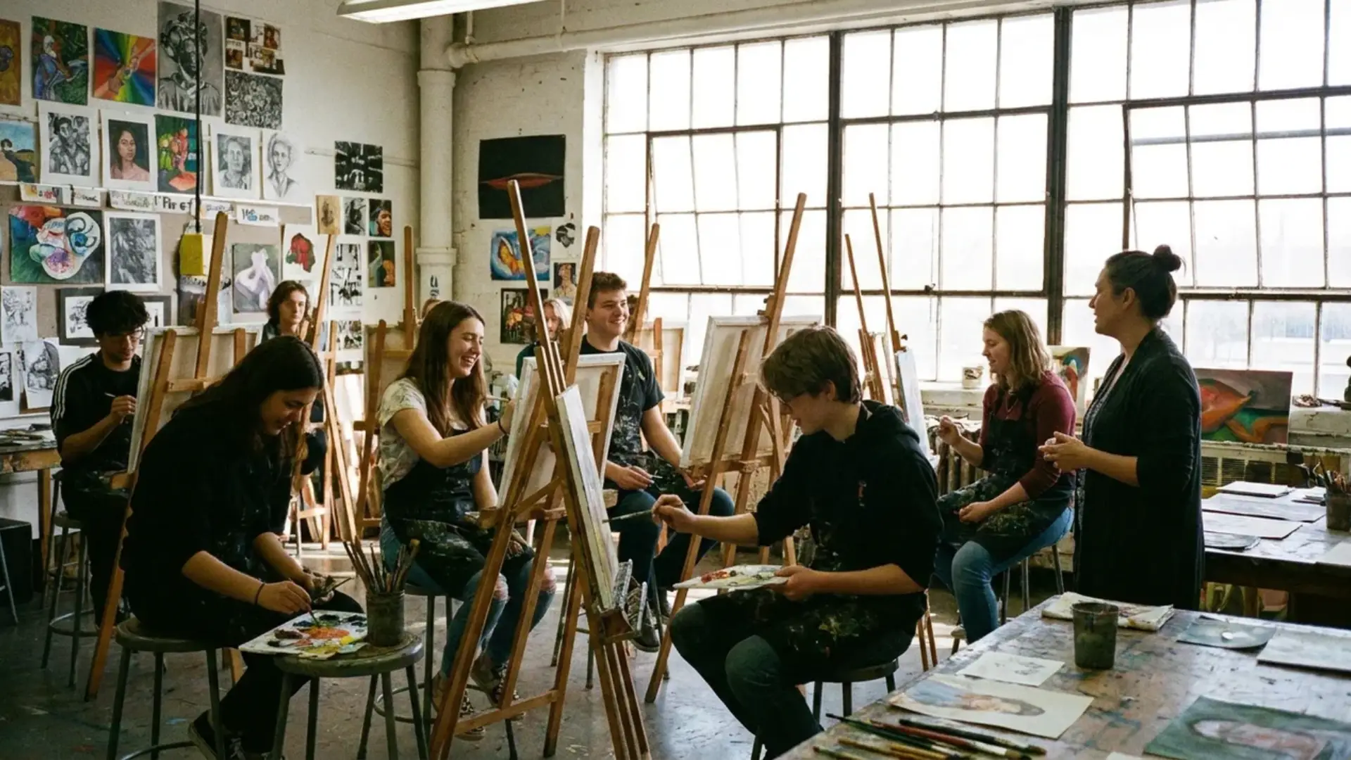 high school students working on paintings in a bright art classroom with natural light