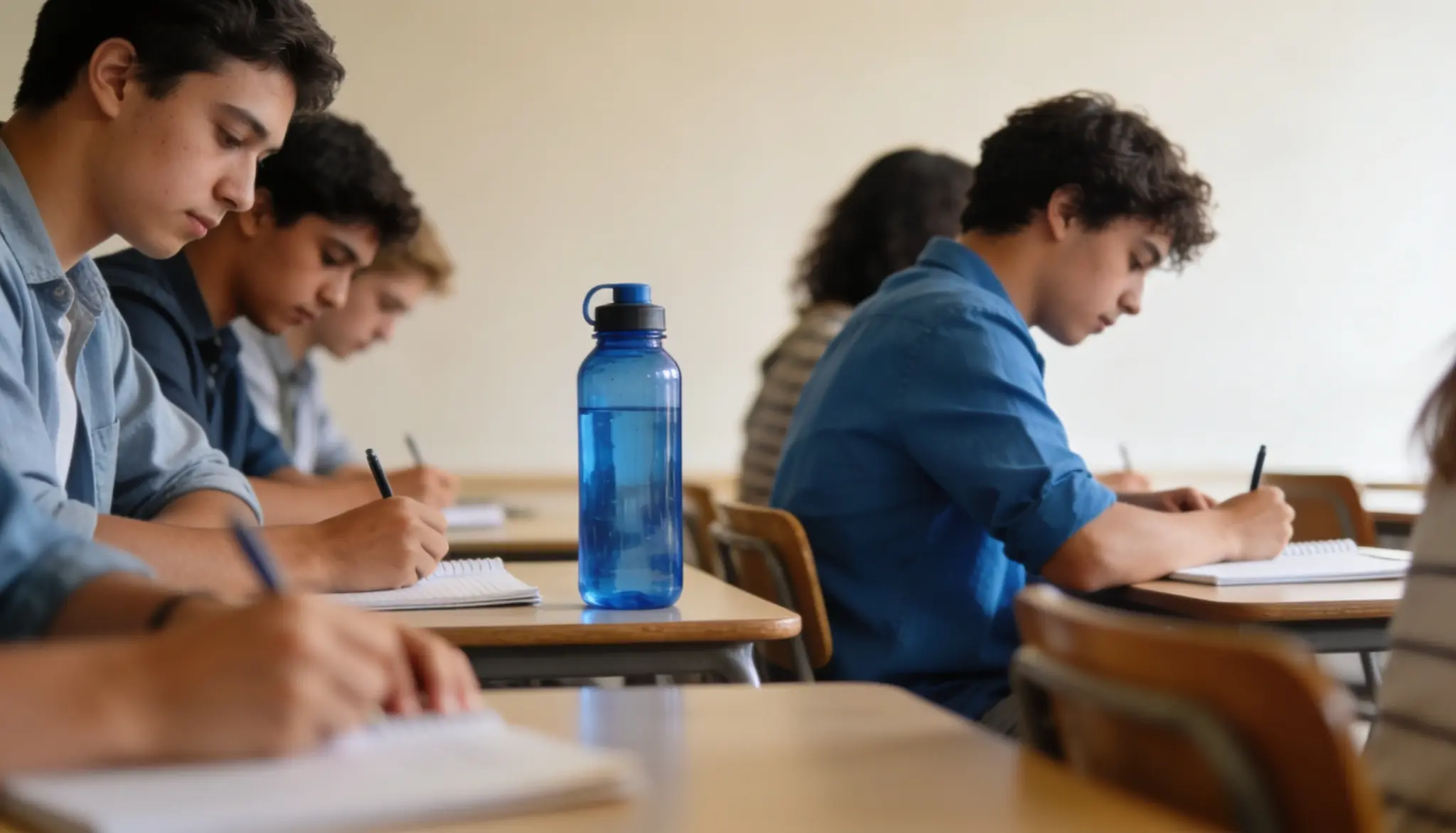 students in a classroom taking notes with a blue water bottle on a desk