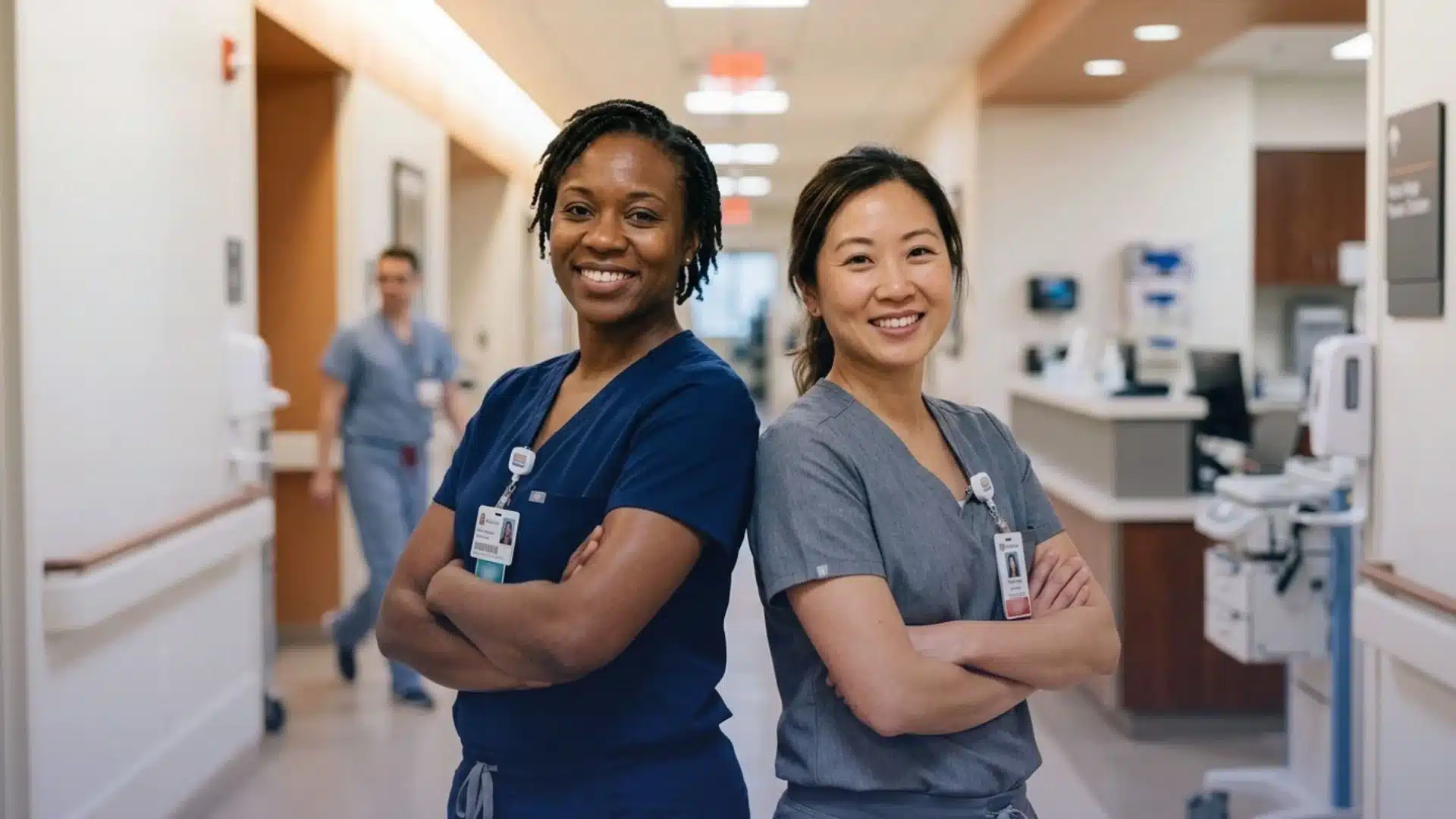 two nurse practitioners in navy and grey scrubs standing back to back with arms folded smiling in a hospital corridor