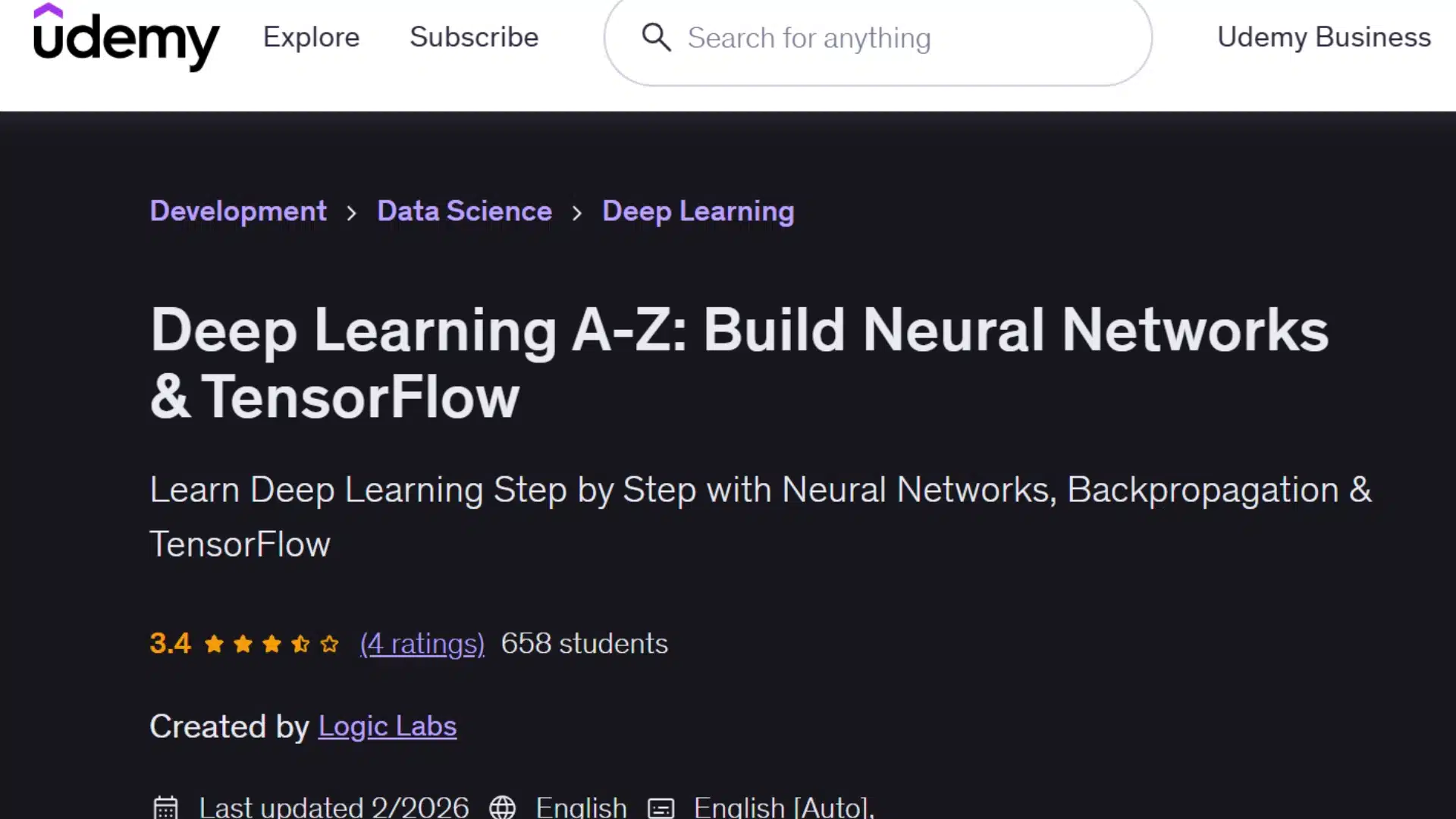 udemy deep learning course covering neural networks, backpropagation and tensorflow for model training
