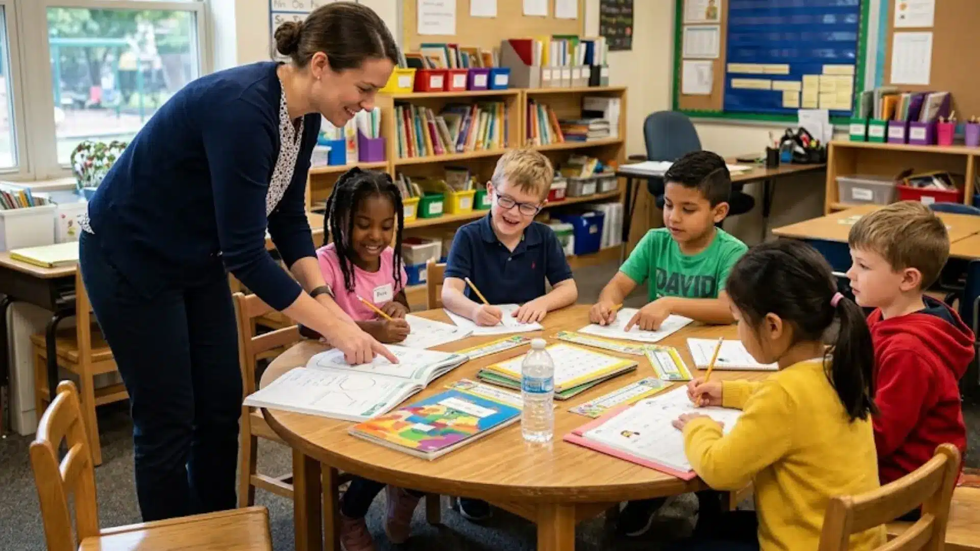 teacher guiding five children through workbook activities around a table in a bright elementary classroom