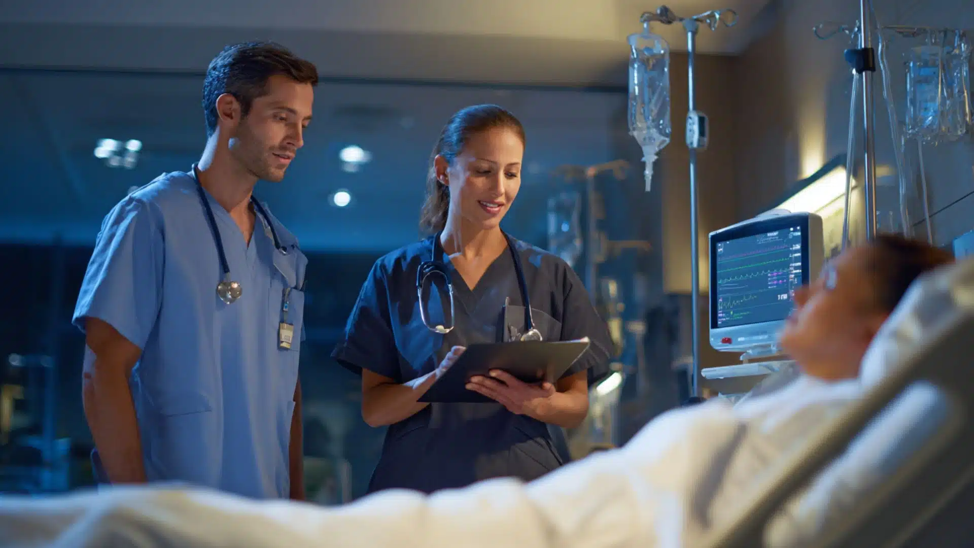 a male nurse in light blue scrubs and a female nurse in dark scrubs reviewing patient chart beside a hospital bed