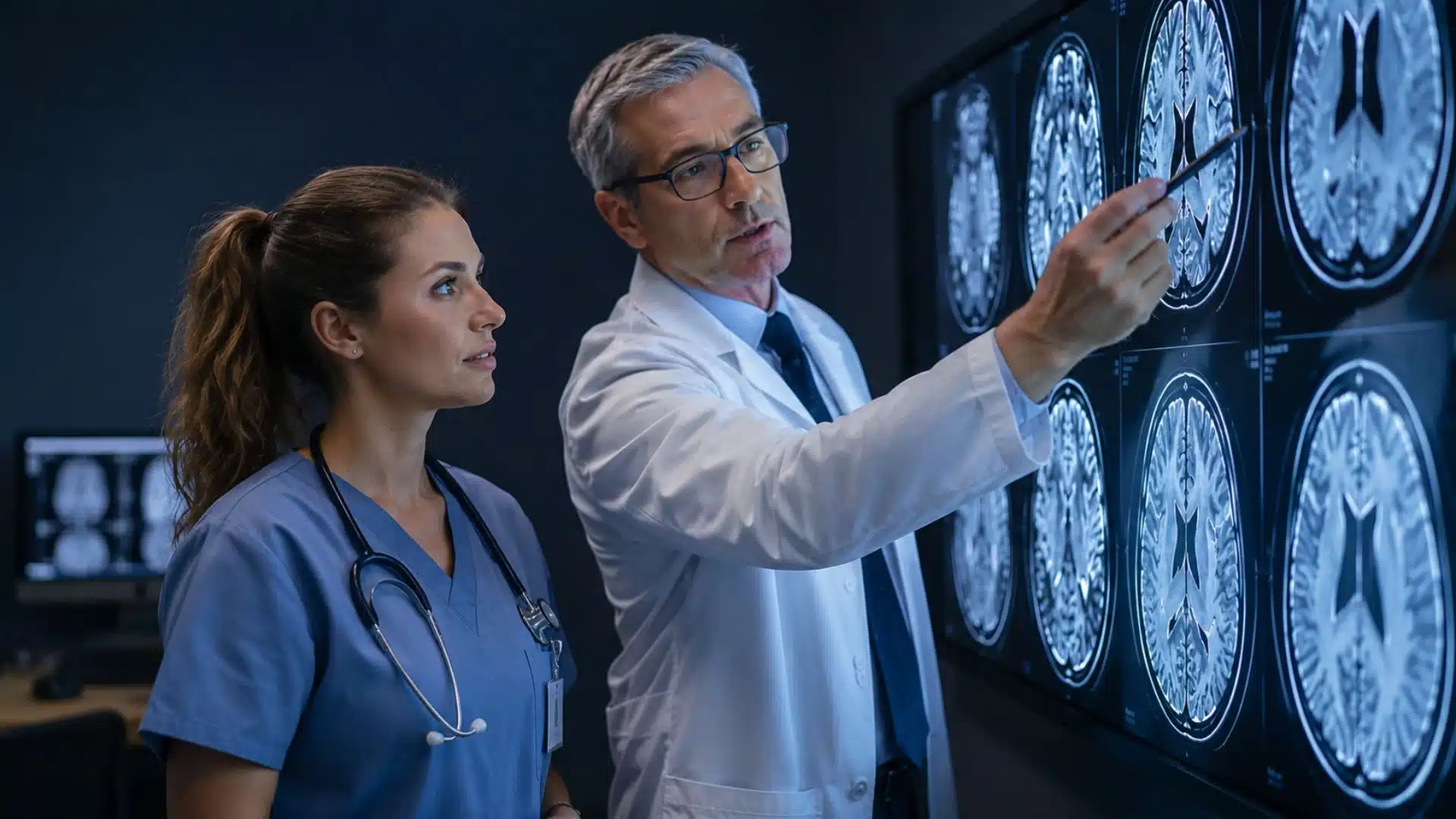 a nurse in scrubs and a senior doctor in a white coat reviewing brain mri scans displayed on a large wall screen