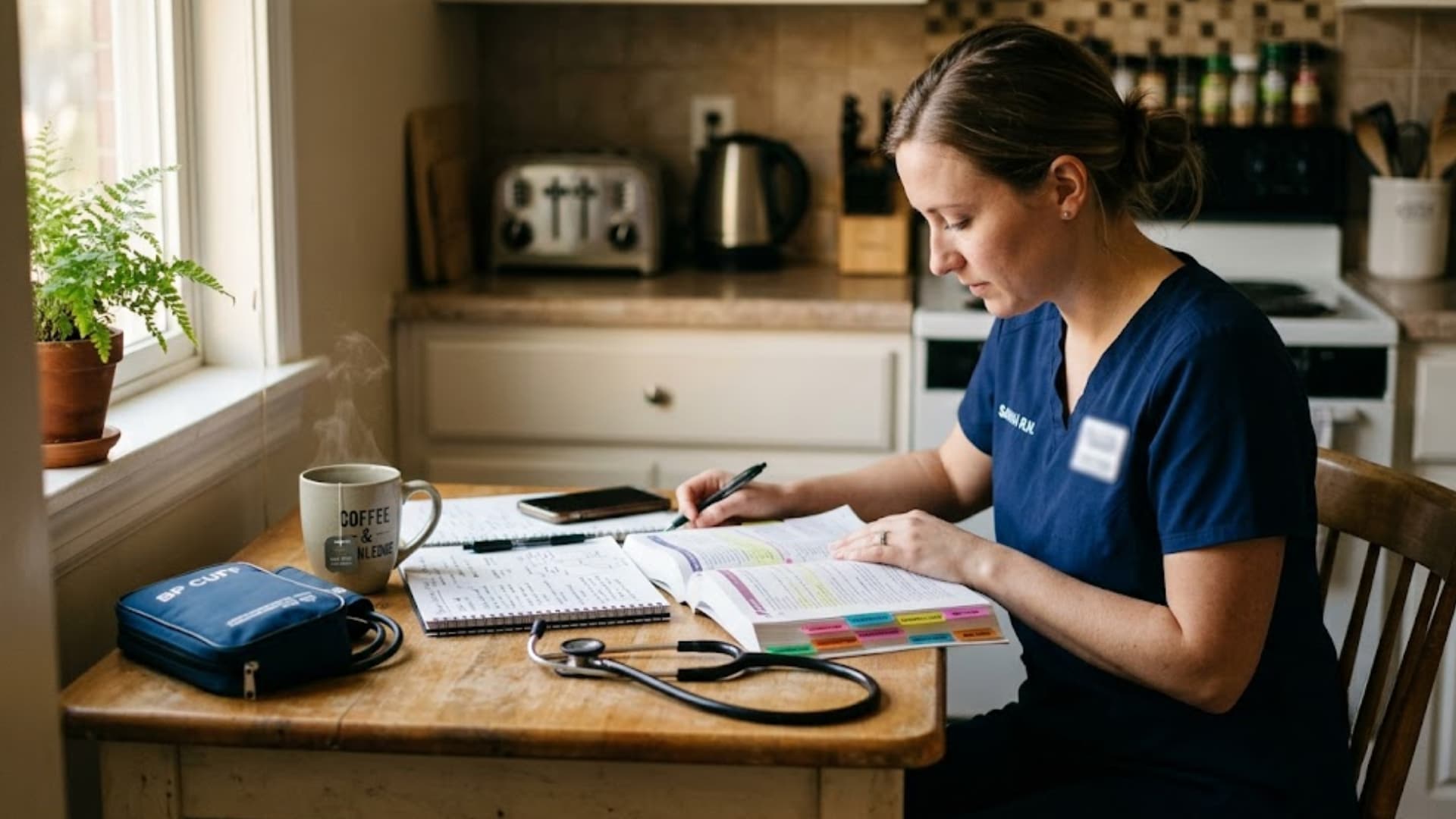 person in scrubs reviewing nclex study guide beside stethoscope and tea