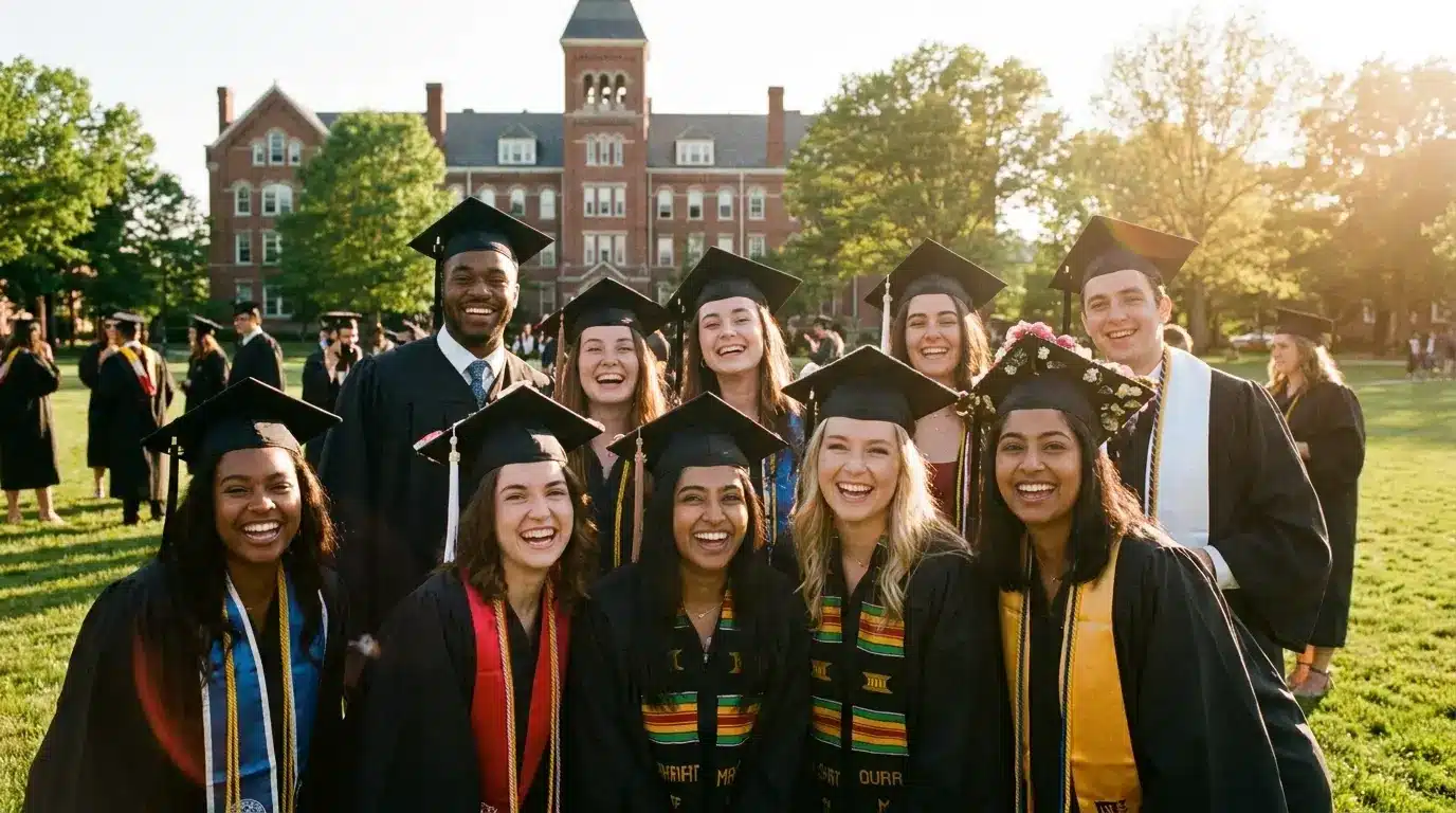 nine smiling graduates in caps and gowns pose on a lawn, with a university building and other graduates behind them