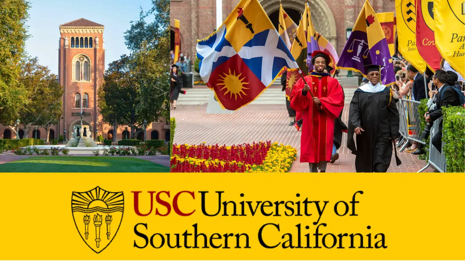 usc university of southern california campus tower and graduation ceremony procession with flags and academic regalia