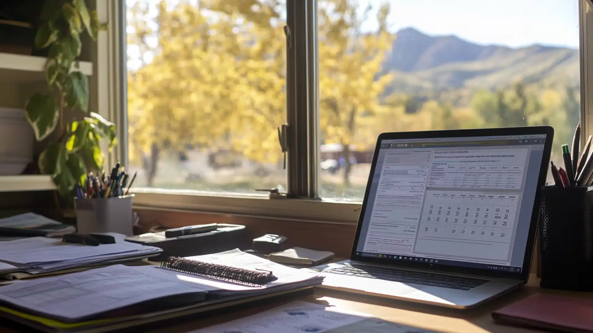 school counselor desk with school forms and education materials near a mountain view window.
