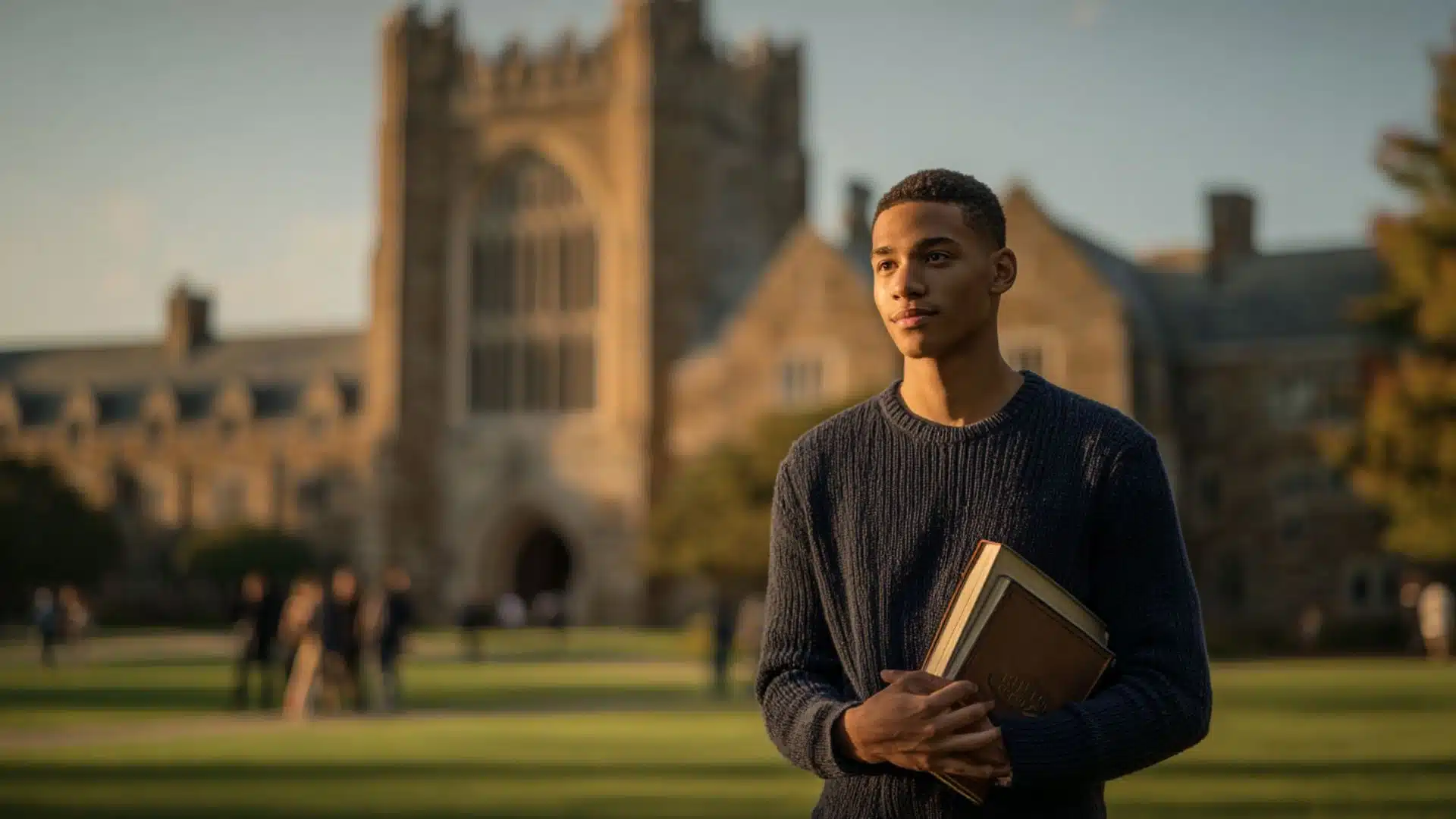 a teenage student holding books stands in front of duke university gothic stone chapel on campus