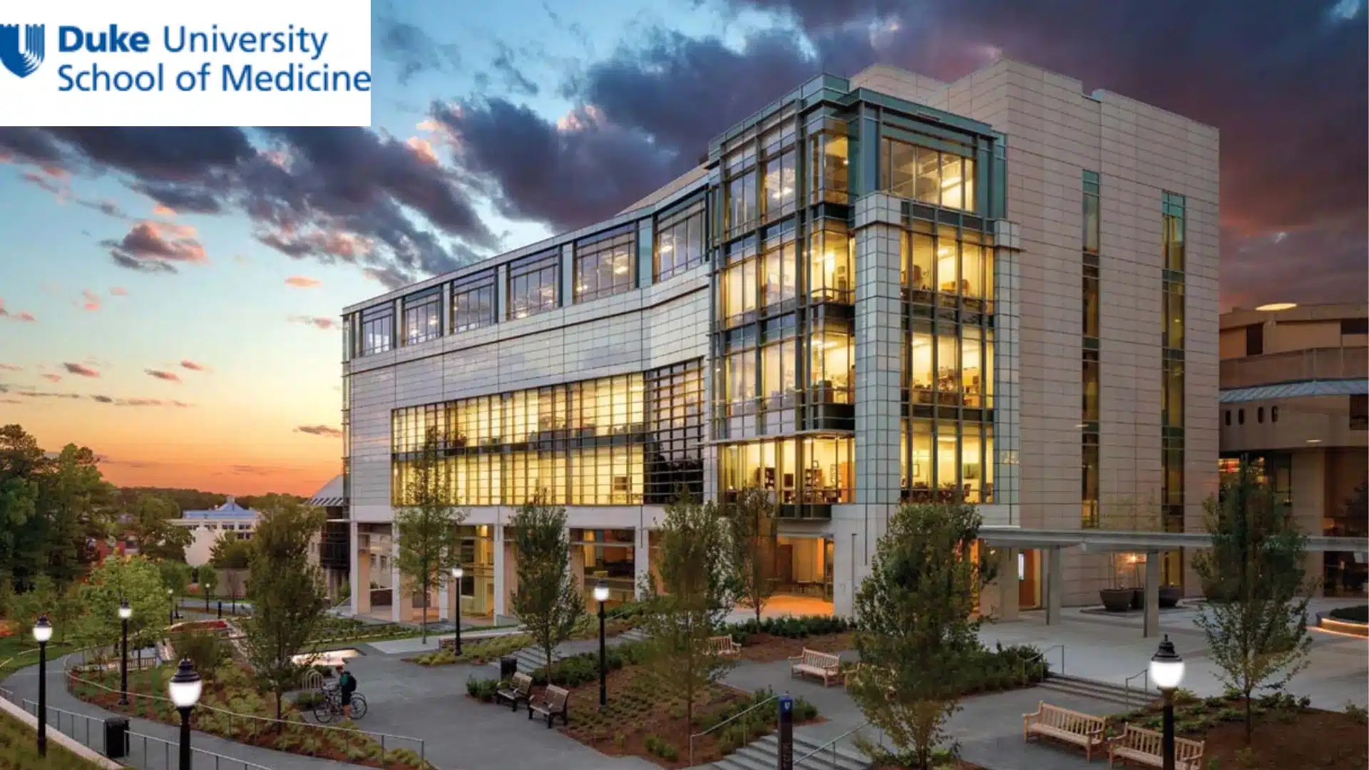 duke university school of medicine glass building exterior with landscaped walkway