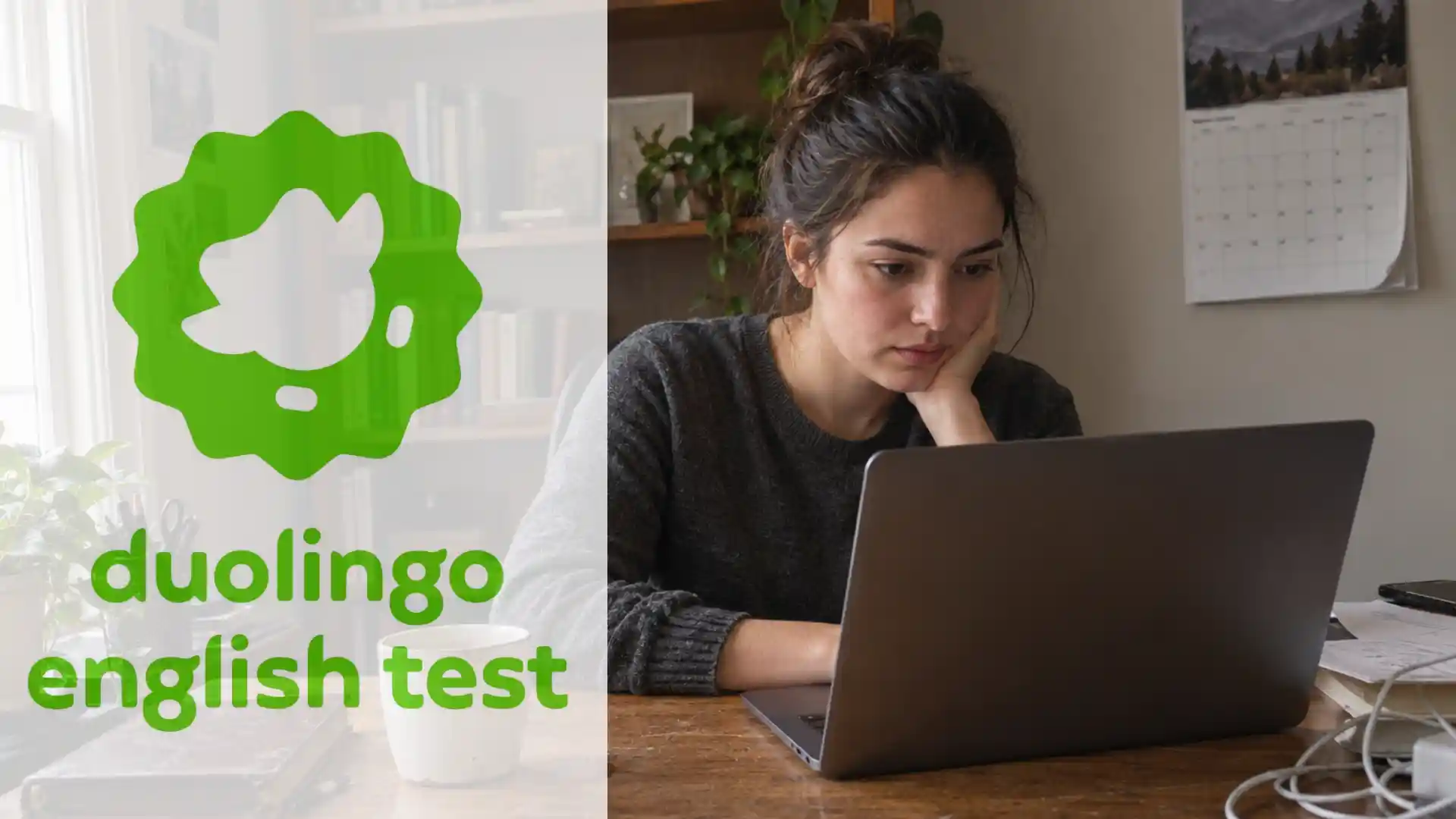 duolingo english test logo beside a woman studying on her laptop at a home desk