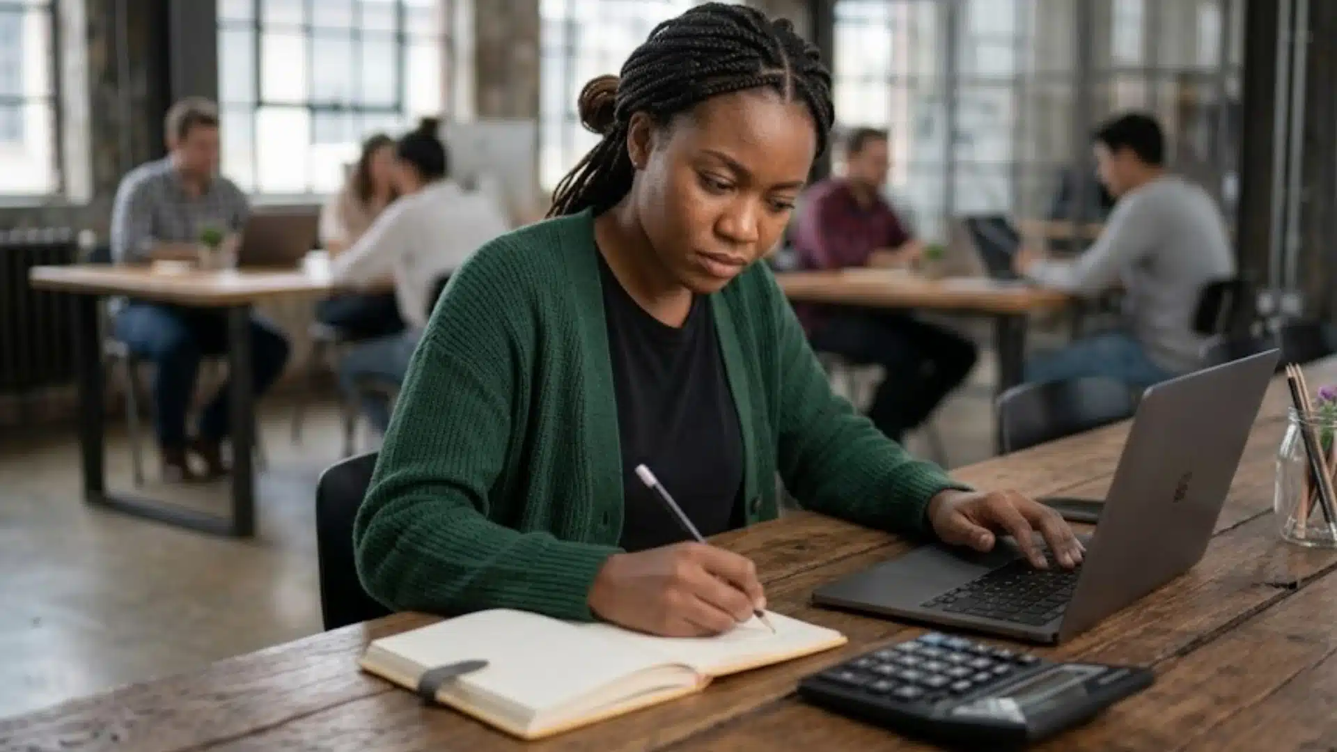 woman preparing for the ea exam with laptop notebook and calculator in a study workspace
