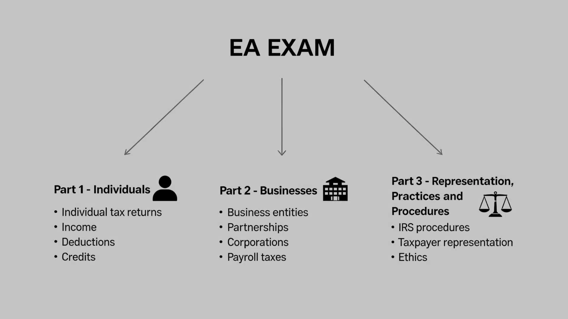 ea exam structure showing parts for individuals, businesses and representation practices and procedures
