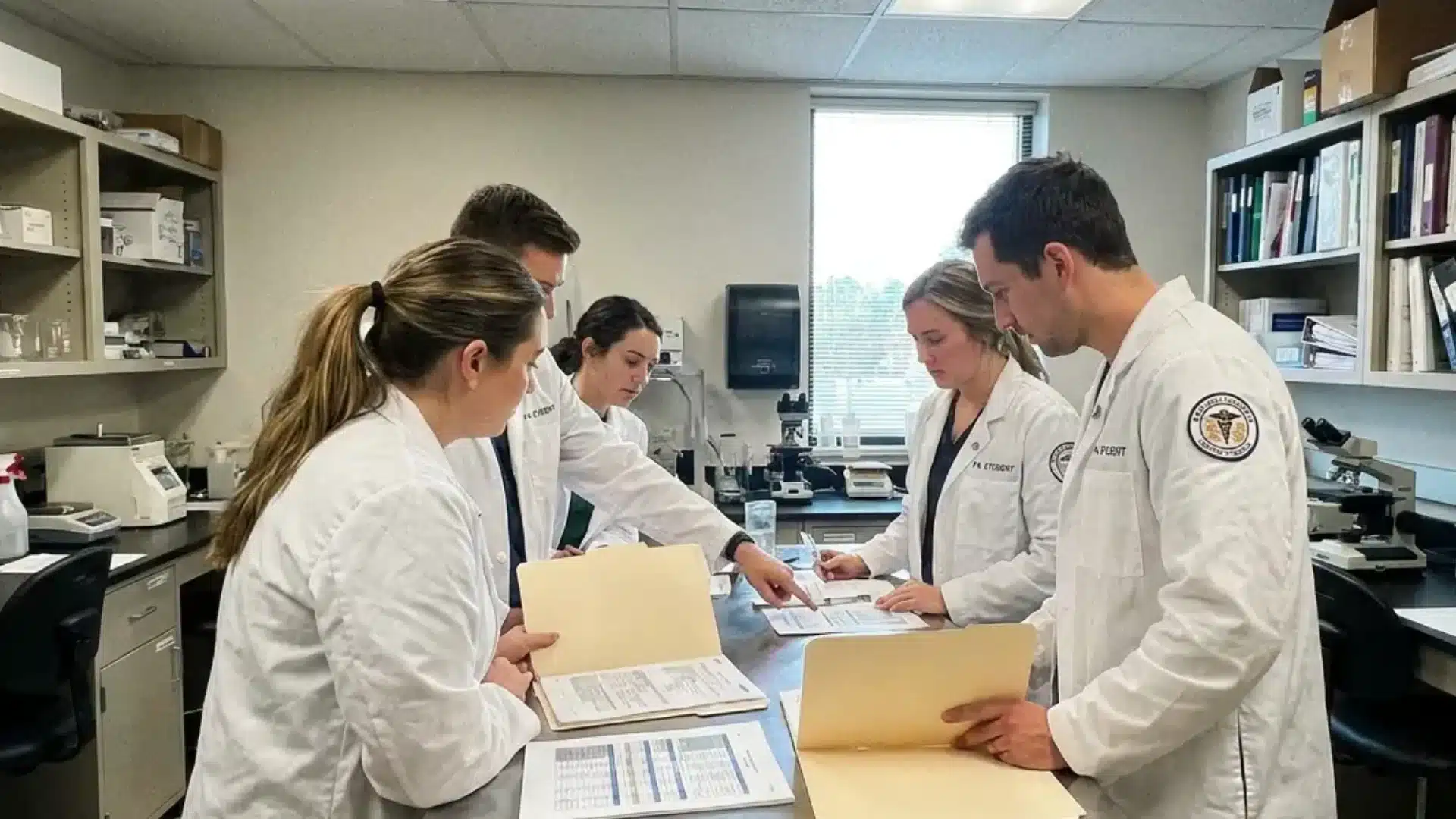 group of pa students in white coats reviewing patient case files together in a lab