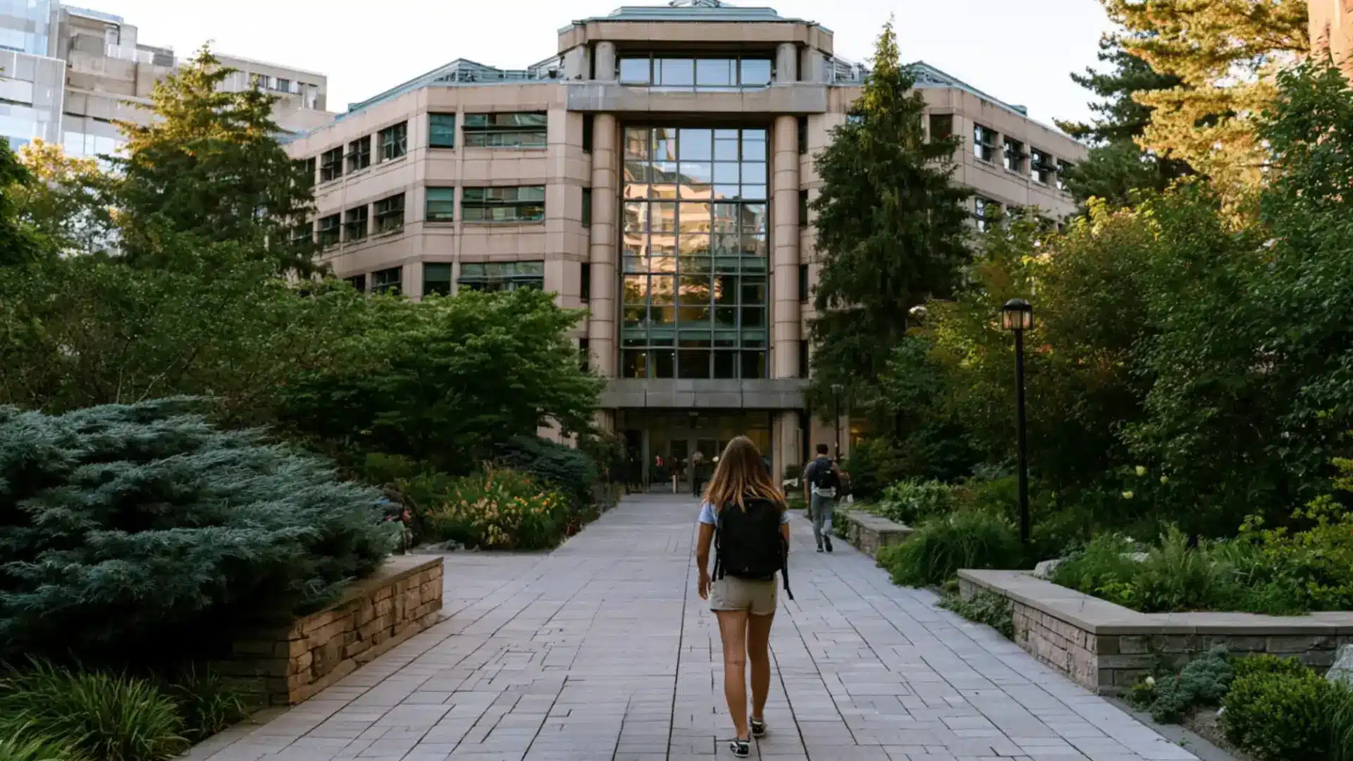 student walking toward a modern university building along a campus path with trees and lush greenery