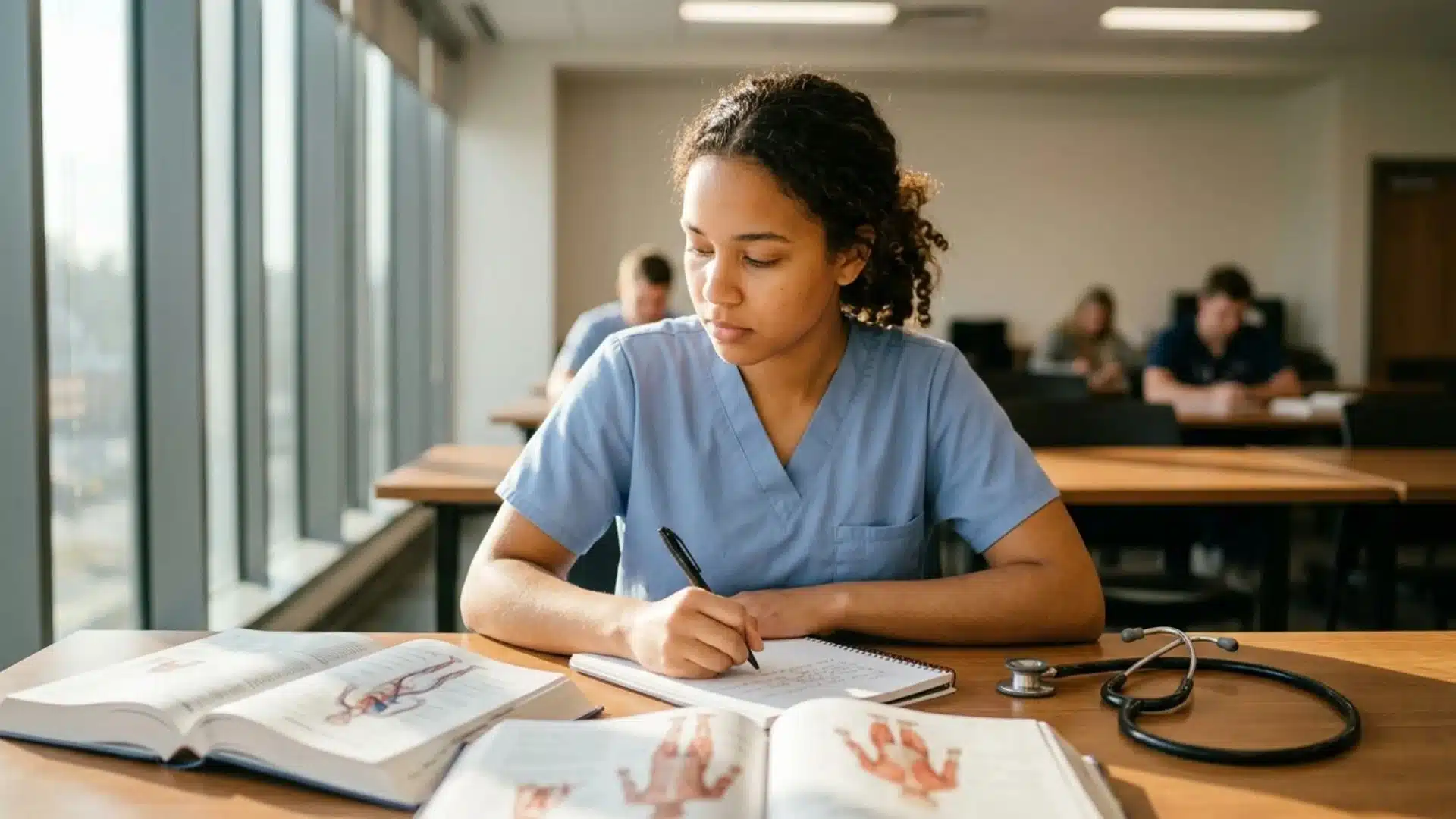 a nursing student in blue scrubs studying anatomy textbooks and taking notes with a stethoscope on the desk