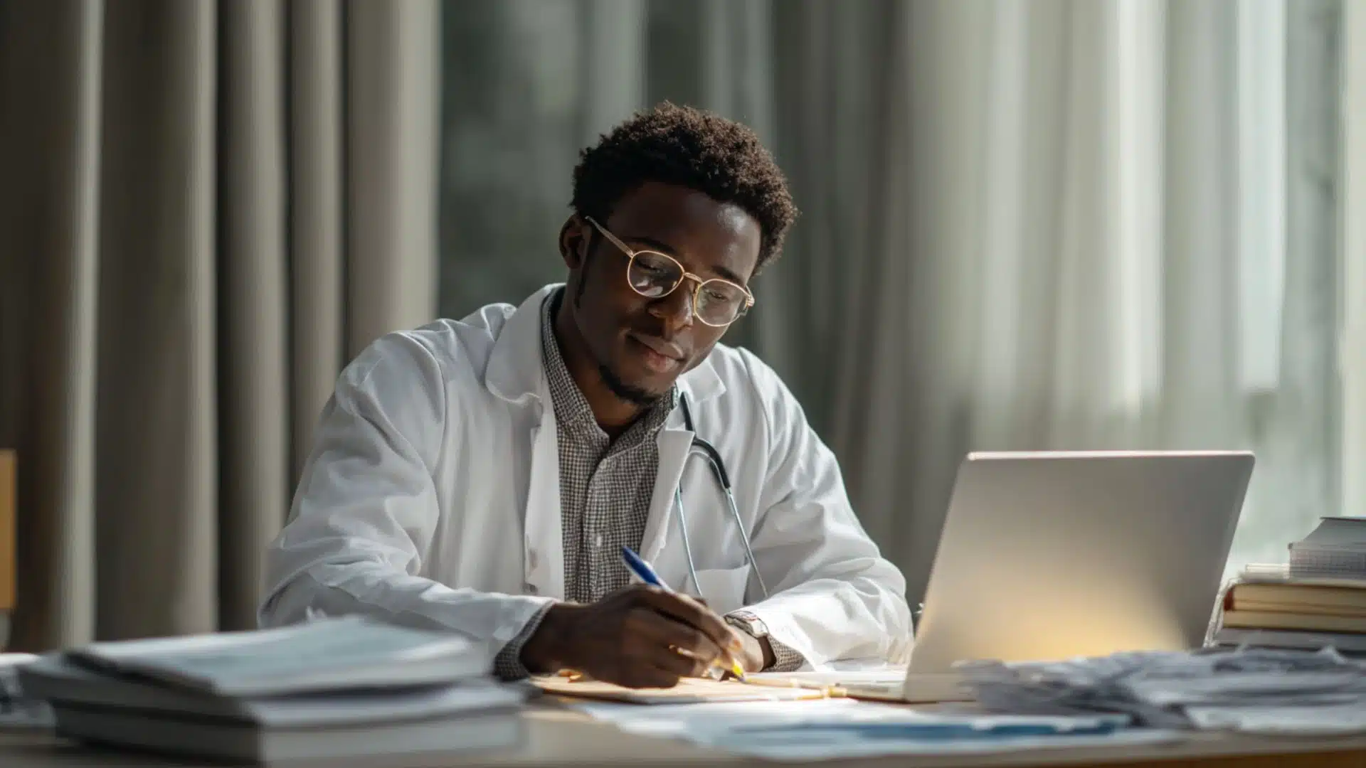 doctor with a stethoscope writing notes at a desk beside an open laptop, curtains lit from behind
