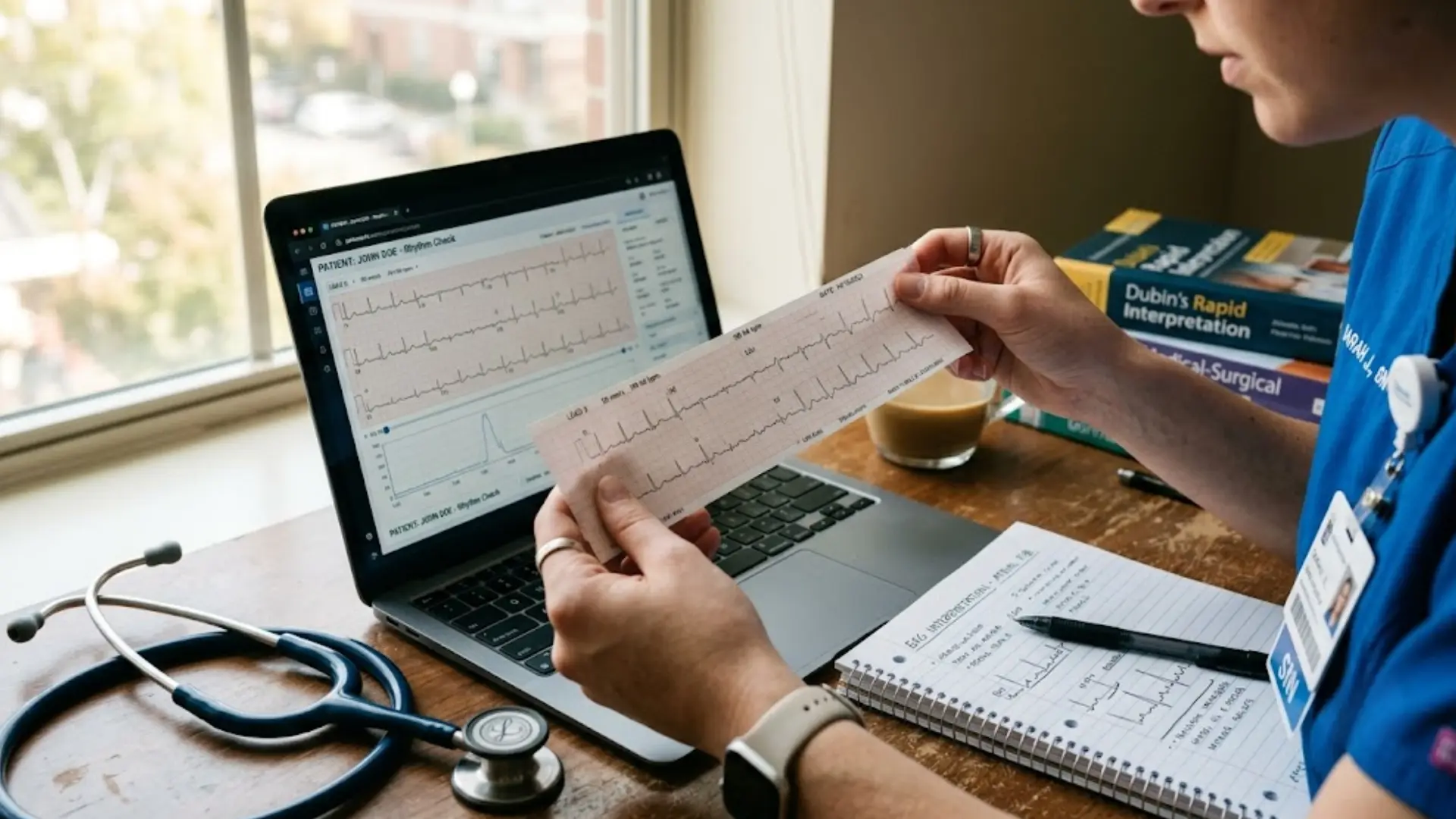 nursing student in scrubs holding printed ekg strip while comparing rhythm pattern on laptop screen