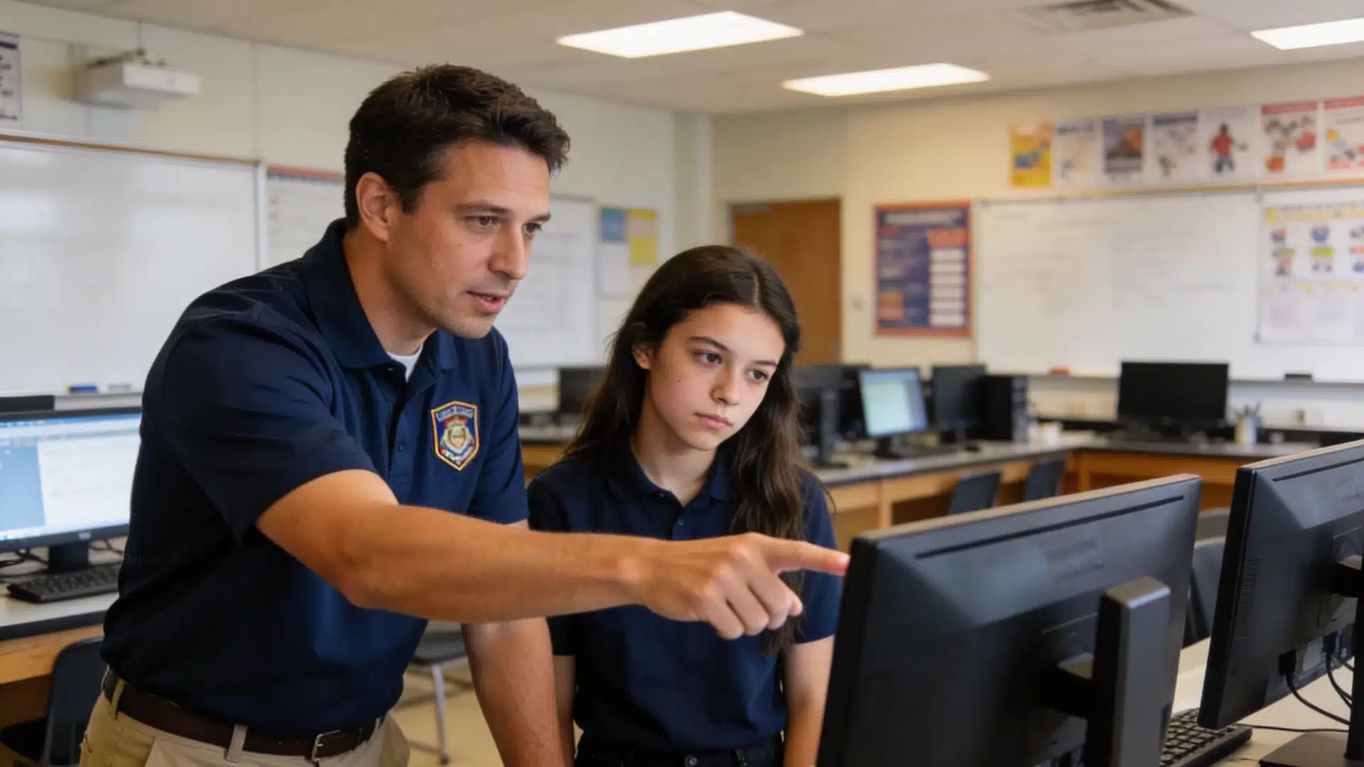 a male instructor in a navy polo shirt with a patch points at a computer screen as a young female student in a similar shirt looks on attentively in a classroom setting