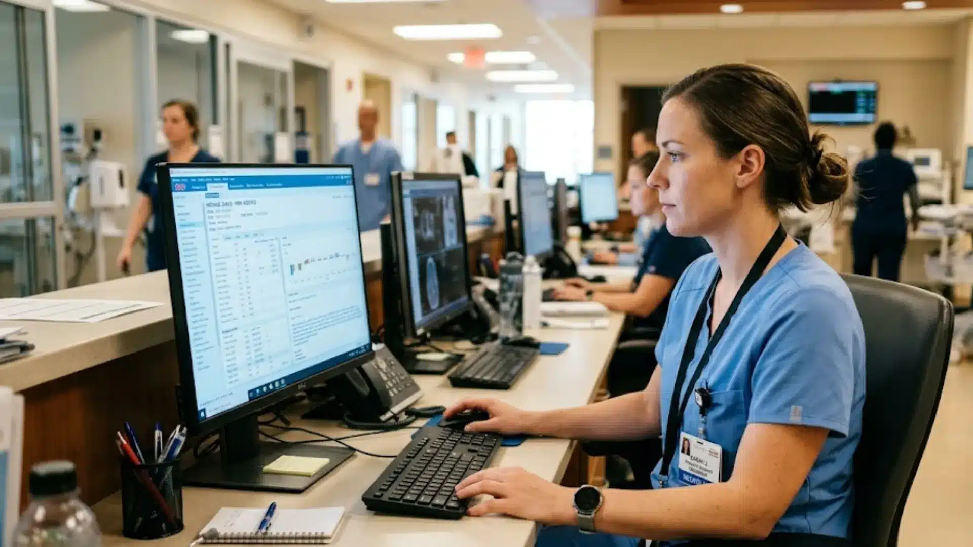 healthcare professional using epic software system on computer in hospital workstation environment