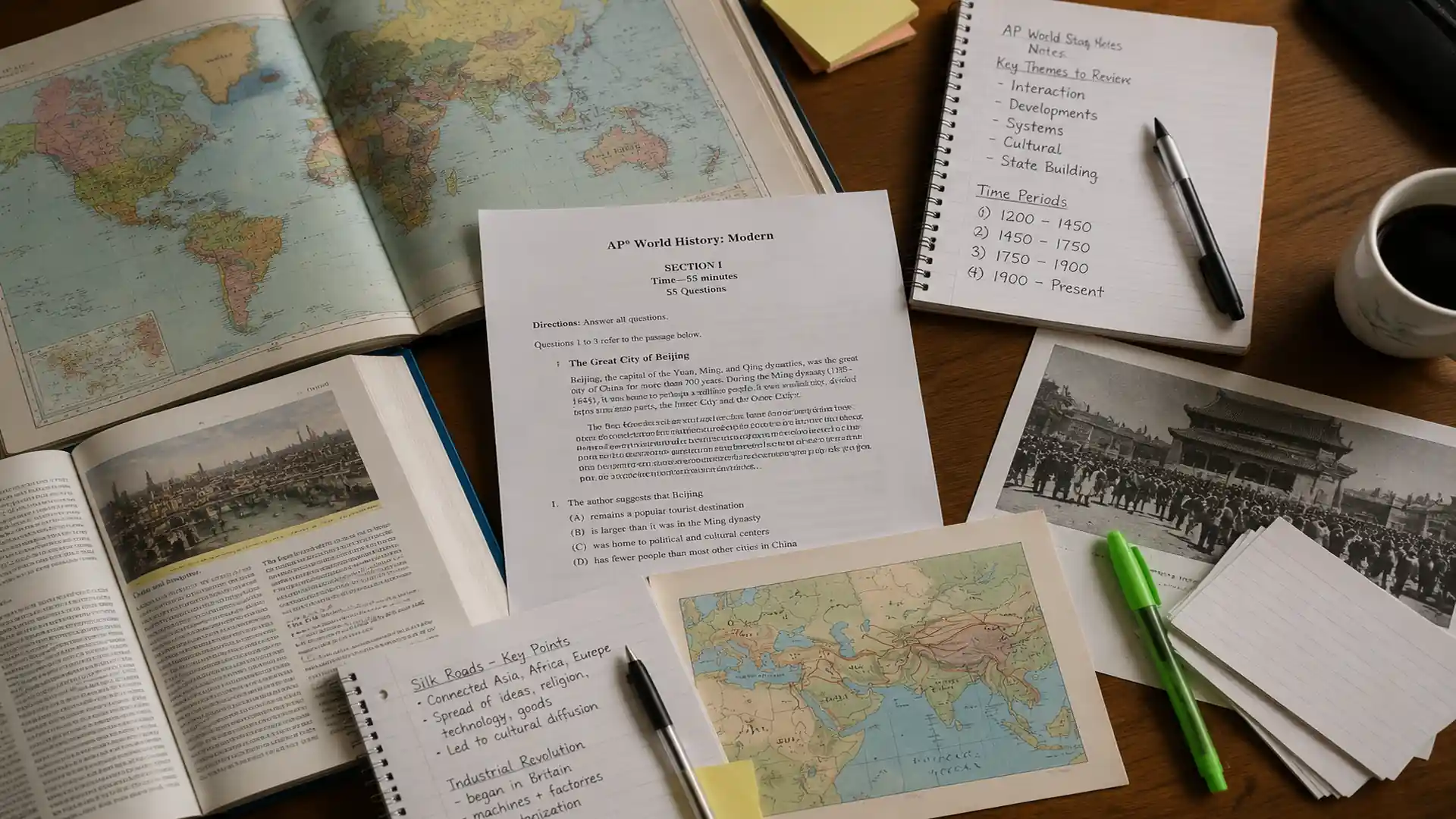 an overhead view of ap world history study guides, notebooks, and maps scattered across a wooden desk