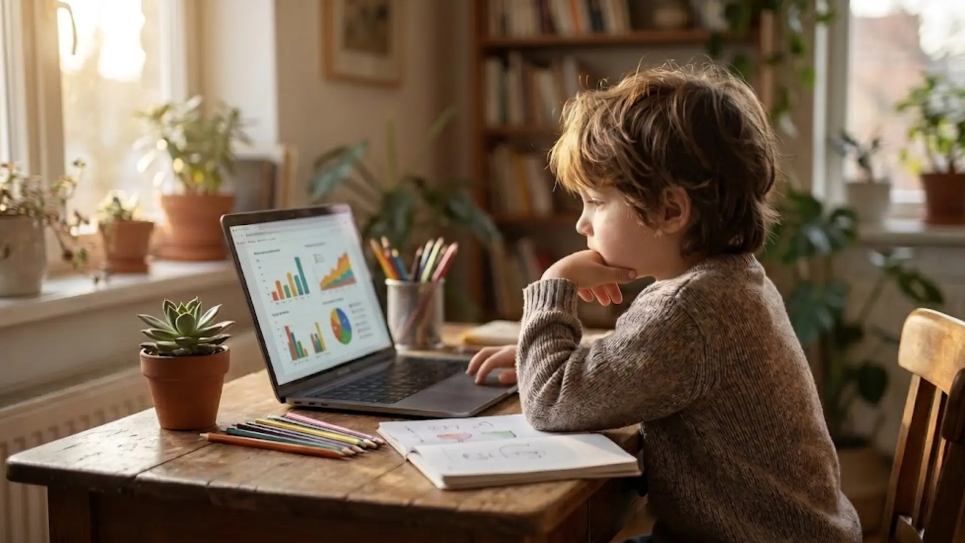 a young child studying executive functioning curriculum content on a laptop at a clean wooden desk