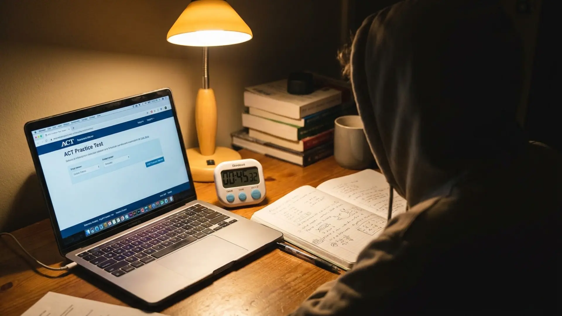student studying for act practice test on laptop with timer and notes