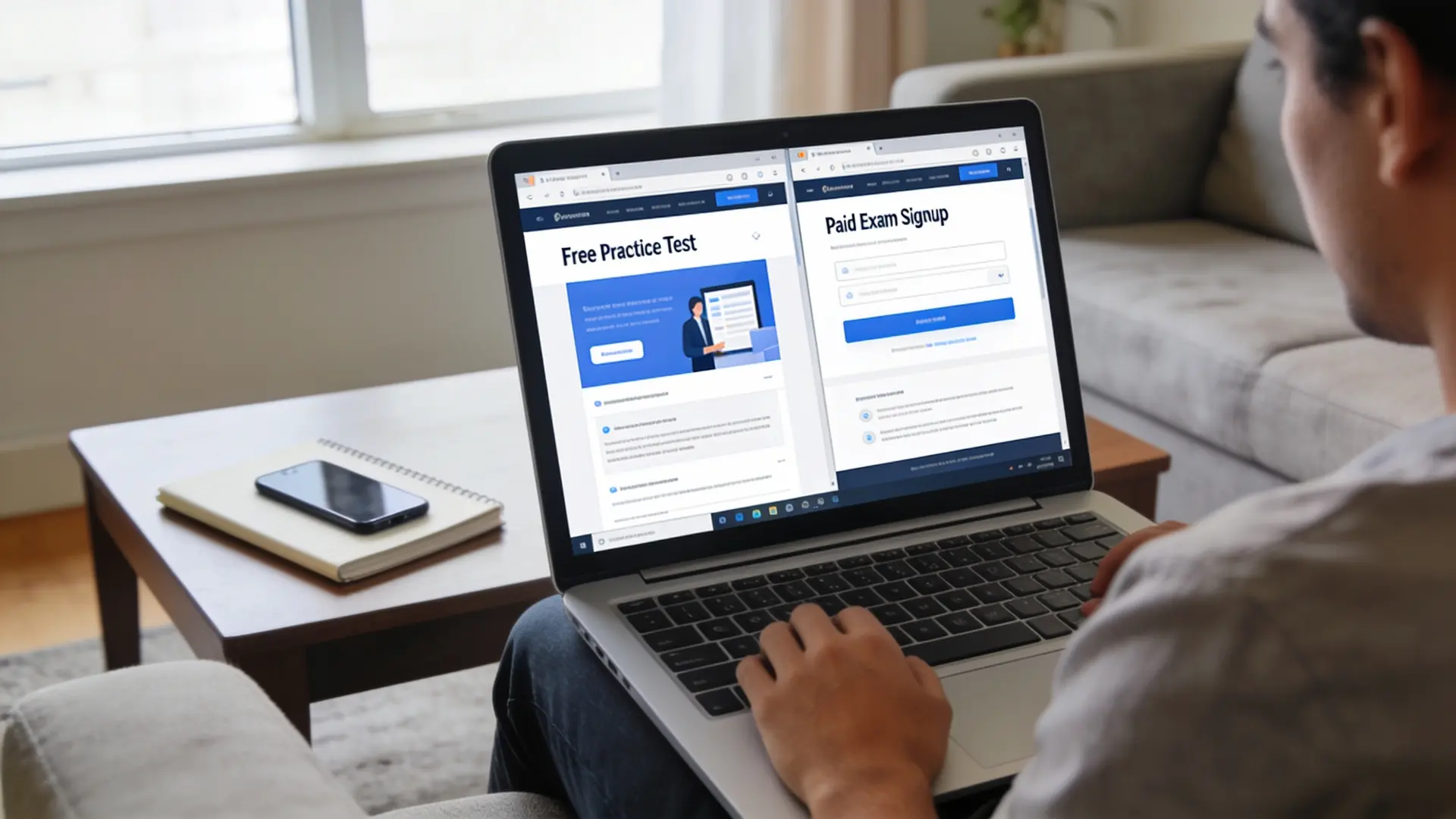 a student deciding between free versus paid sites of practice tests on a laptop
