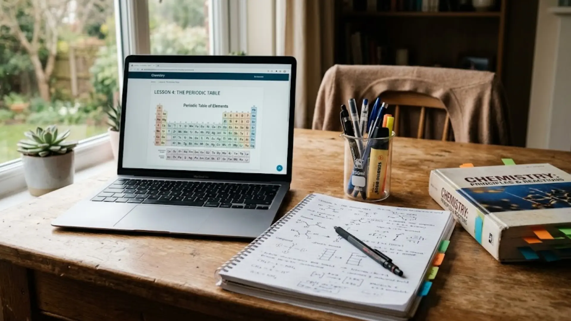 laptop showing a periodic table beside chemistry notes, textbook, pens, and study supplies on a desk