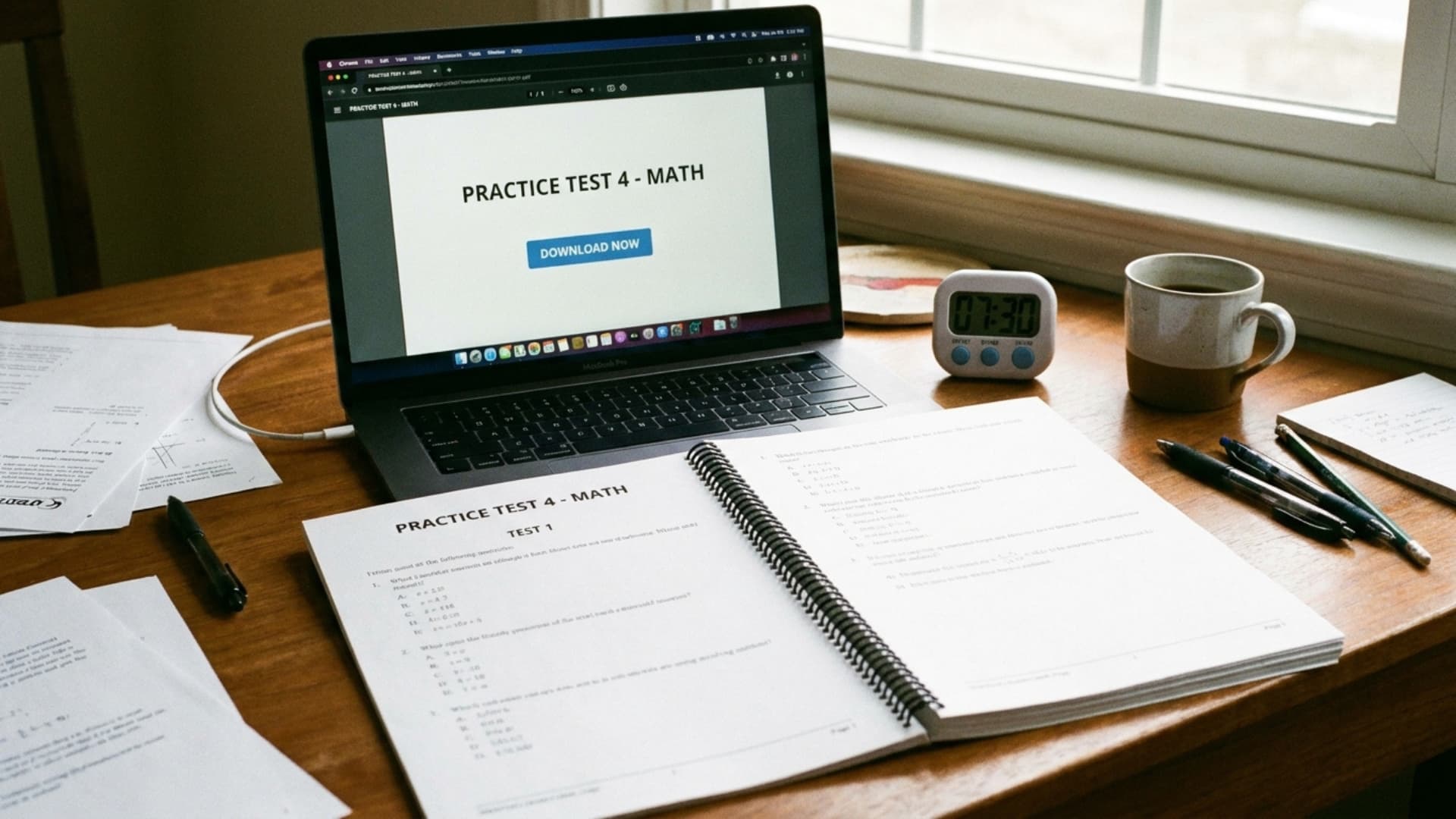 laptop showing ccat practice test pdf download page with printed test booklet and countdown timer on desk